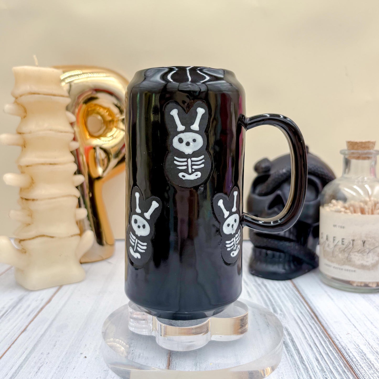 Matte Black Seleton Bunny Ceramic Tumbler