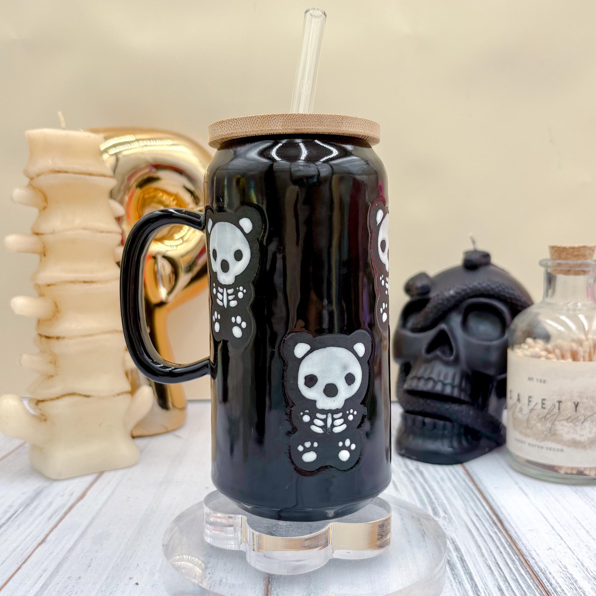 Matte Black Seleton Bunny Ceramic Tumbler