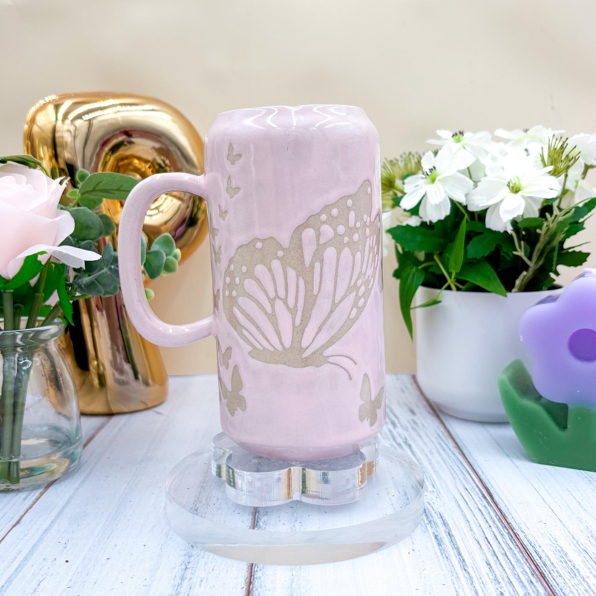 Light Pink Butterfly Ceramic Tumbler