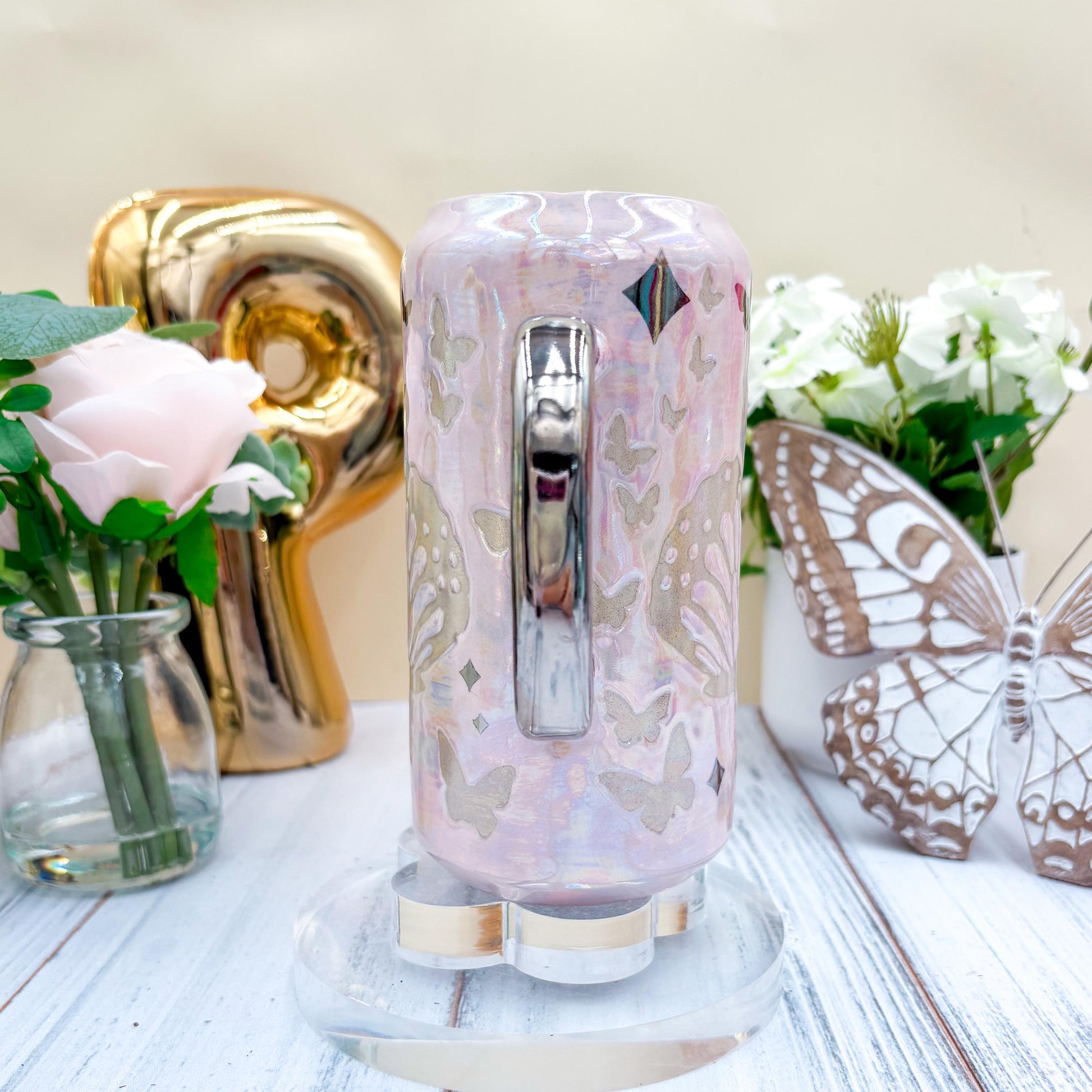 Silver Light Pink Butterfly Ceramic Tumbler