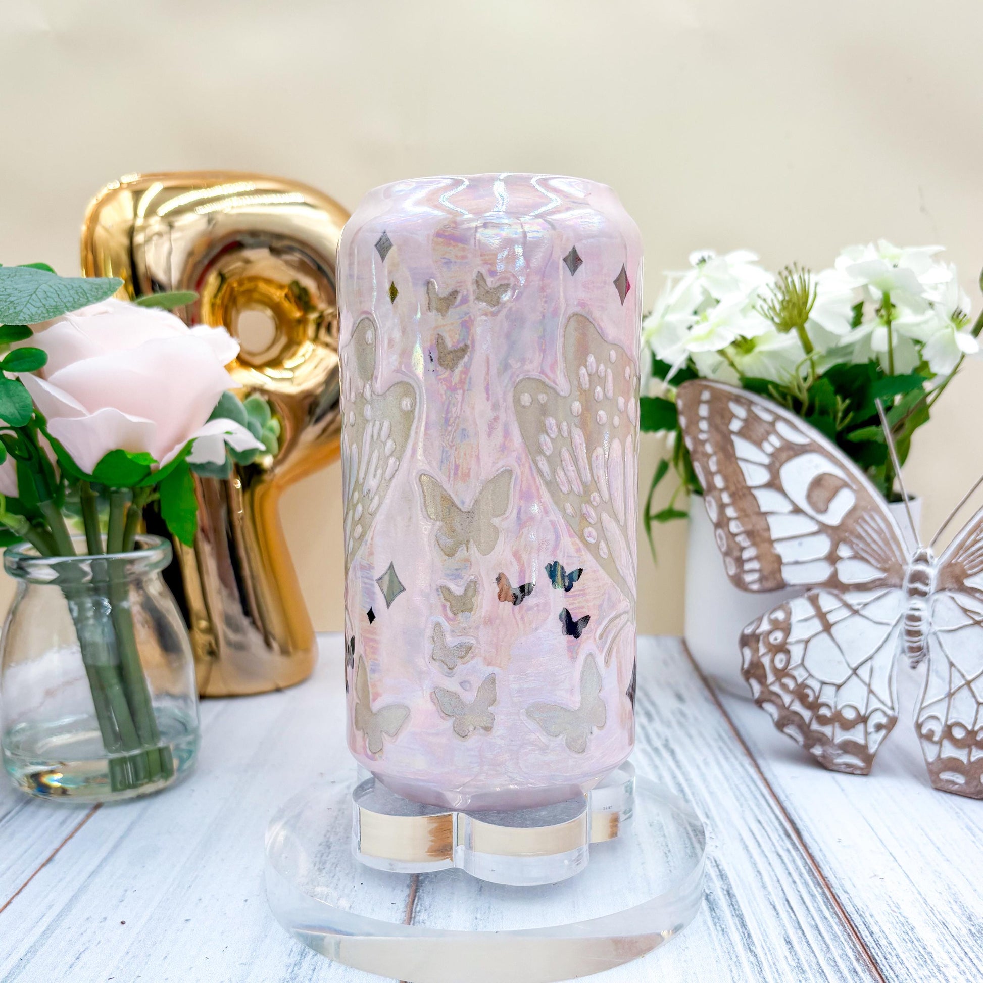 Silver Light Pink Butterfly Ceramic Tumbler