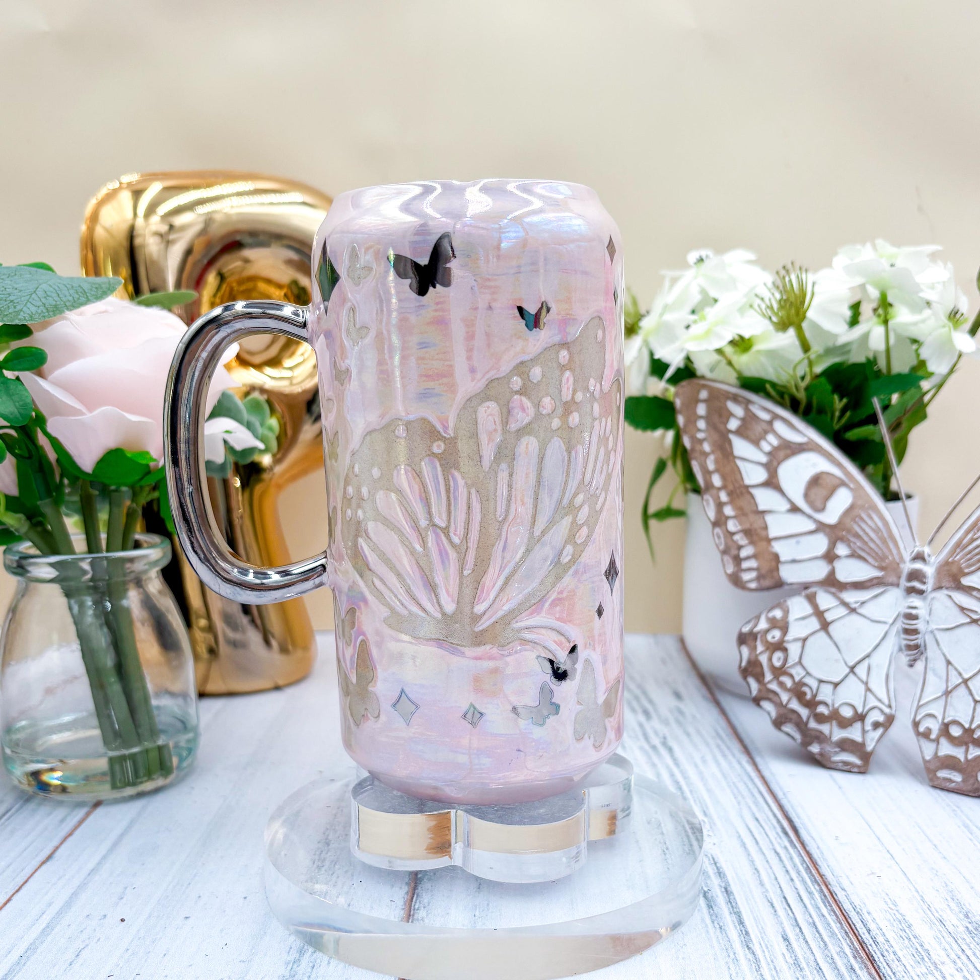Silver Light Pink Butterfly Ceramic Tumbler