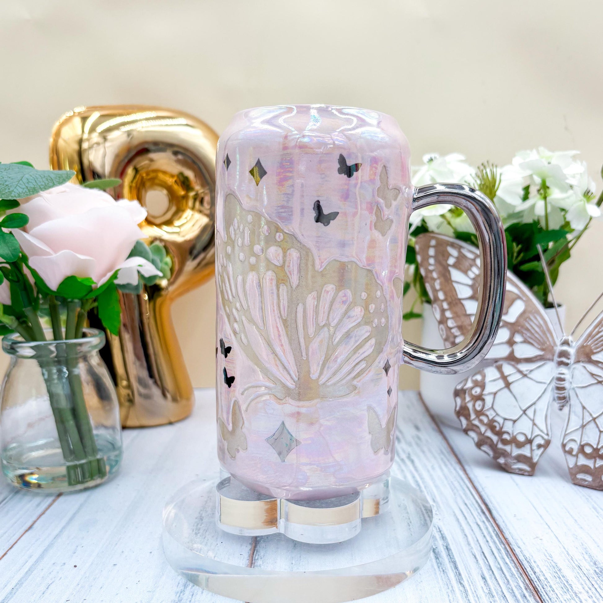 Silver Light Pink Butterfly Ceramic Tumbler
