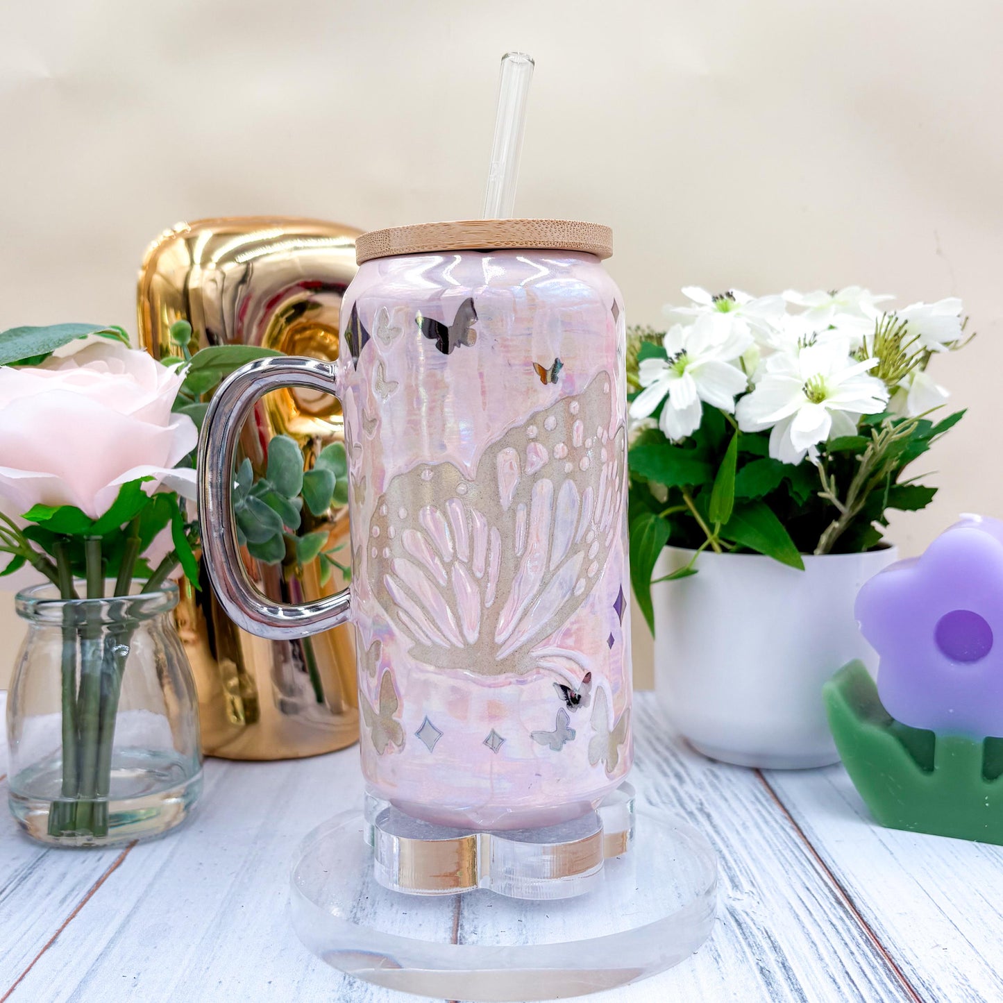 Silver Light Pink Butterfly Ceramic Tumbler