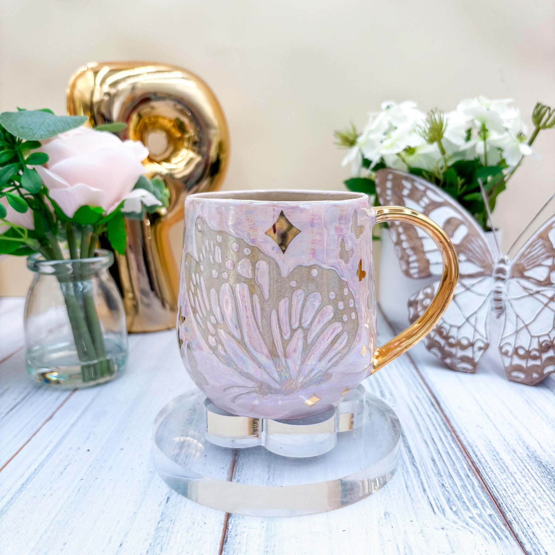 Gold Light Pink Butterfly Ceramic Mug