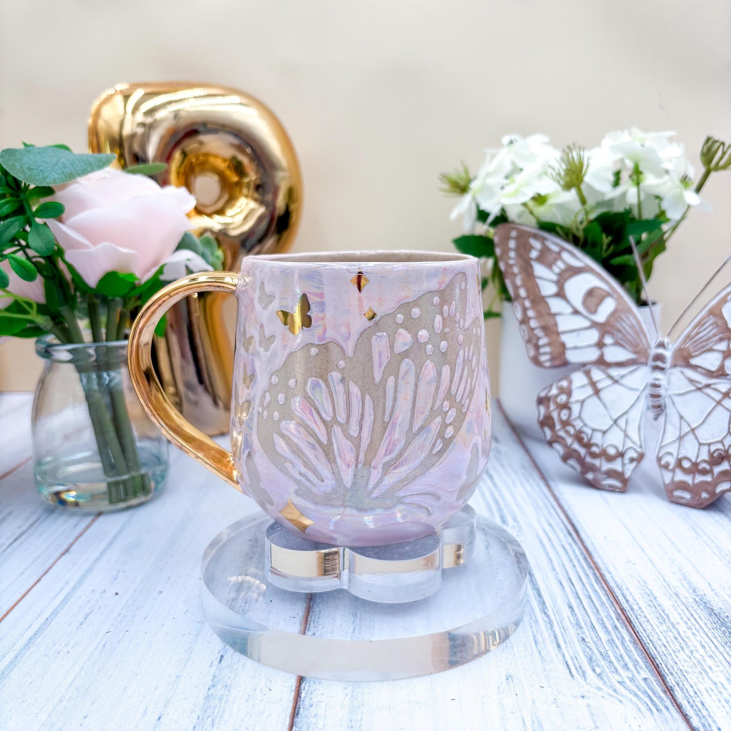 Gold Light Pink Butterfly Ceramic Mug