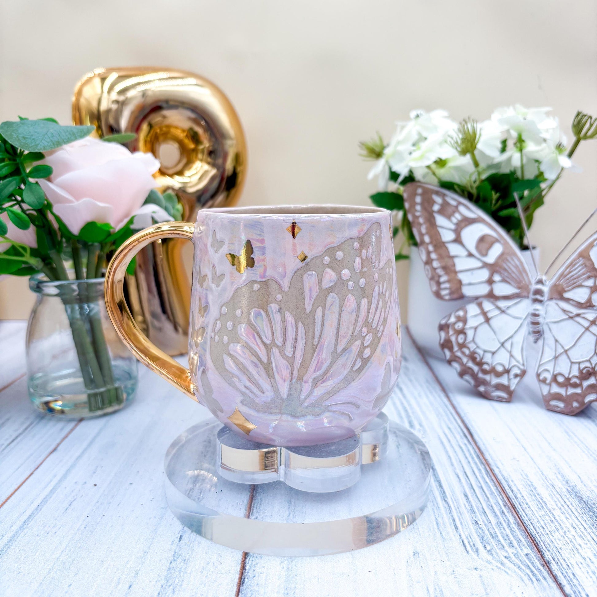 Gold Light Pink Butterfly Ceramic Mug