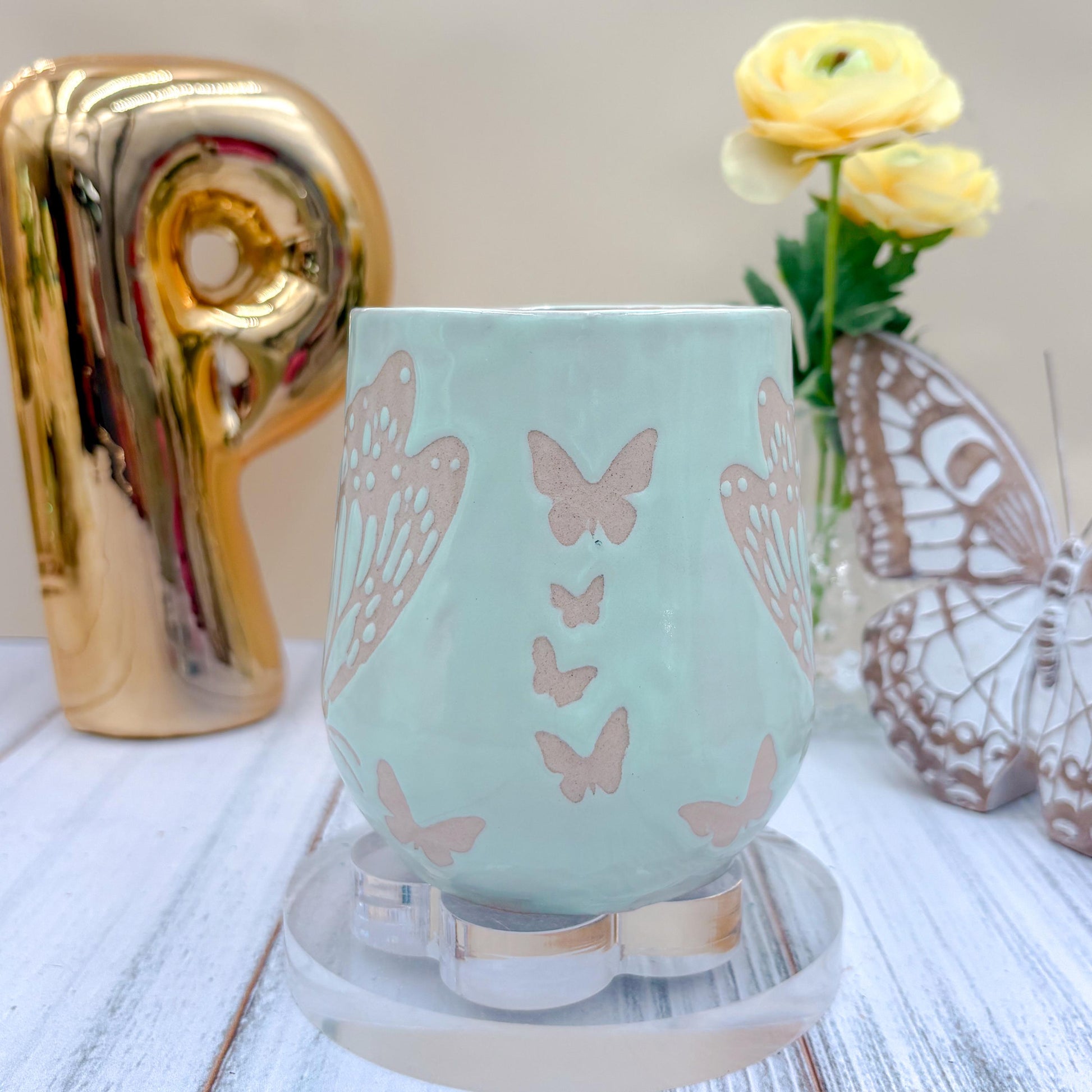 Light Blue Butterfly Ceramic Mug, Butterfly Ceramic Mug, Butterfly Lover Gift, Monarch Butterfly, Gardener Gift Idea, Butterfly Home Decor
