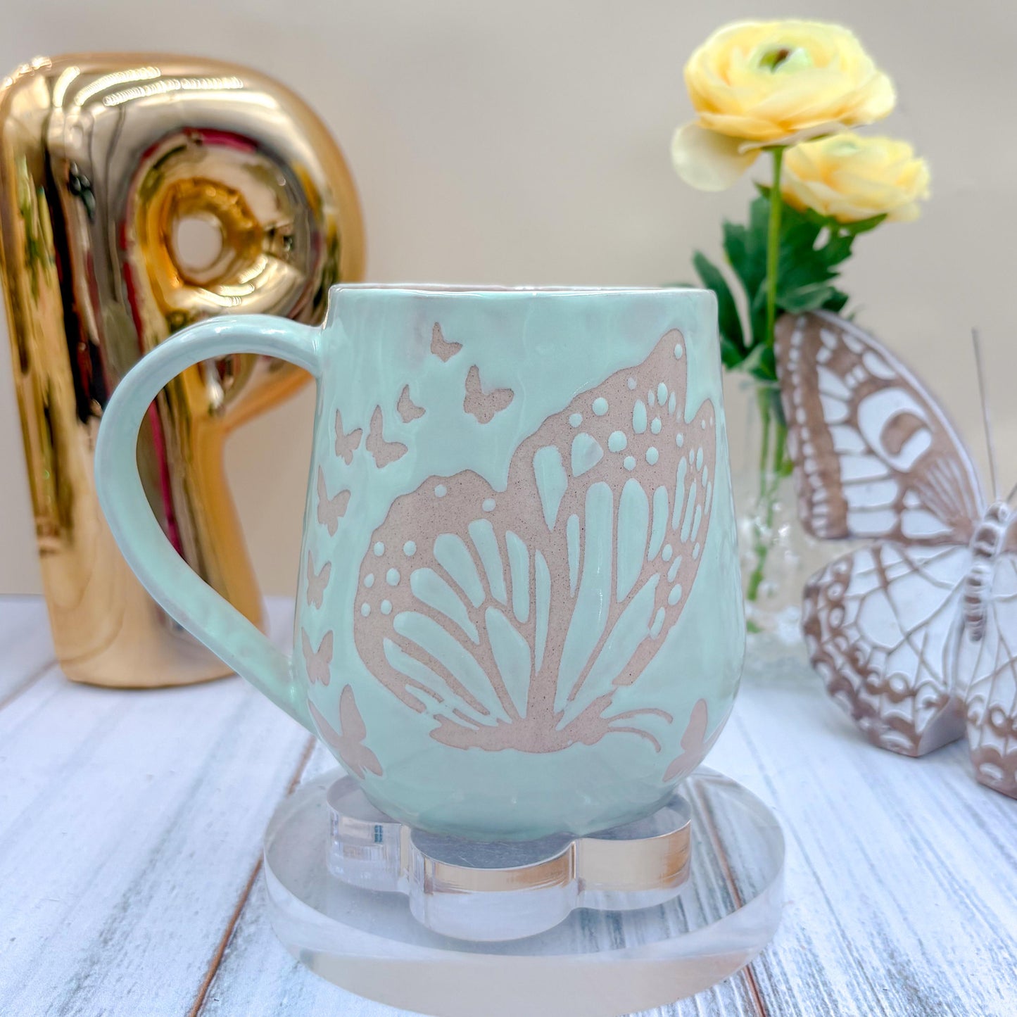 Light Blue Butterfly Ceramic Mug, Butterfly Ceramic Mug, Butterfly Lover Gift, Monarch Butterfly, Gardener Gift Idea, Butterfly Home Decor