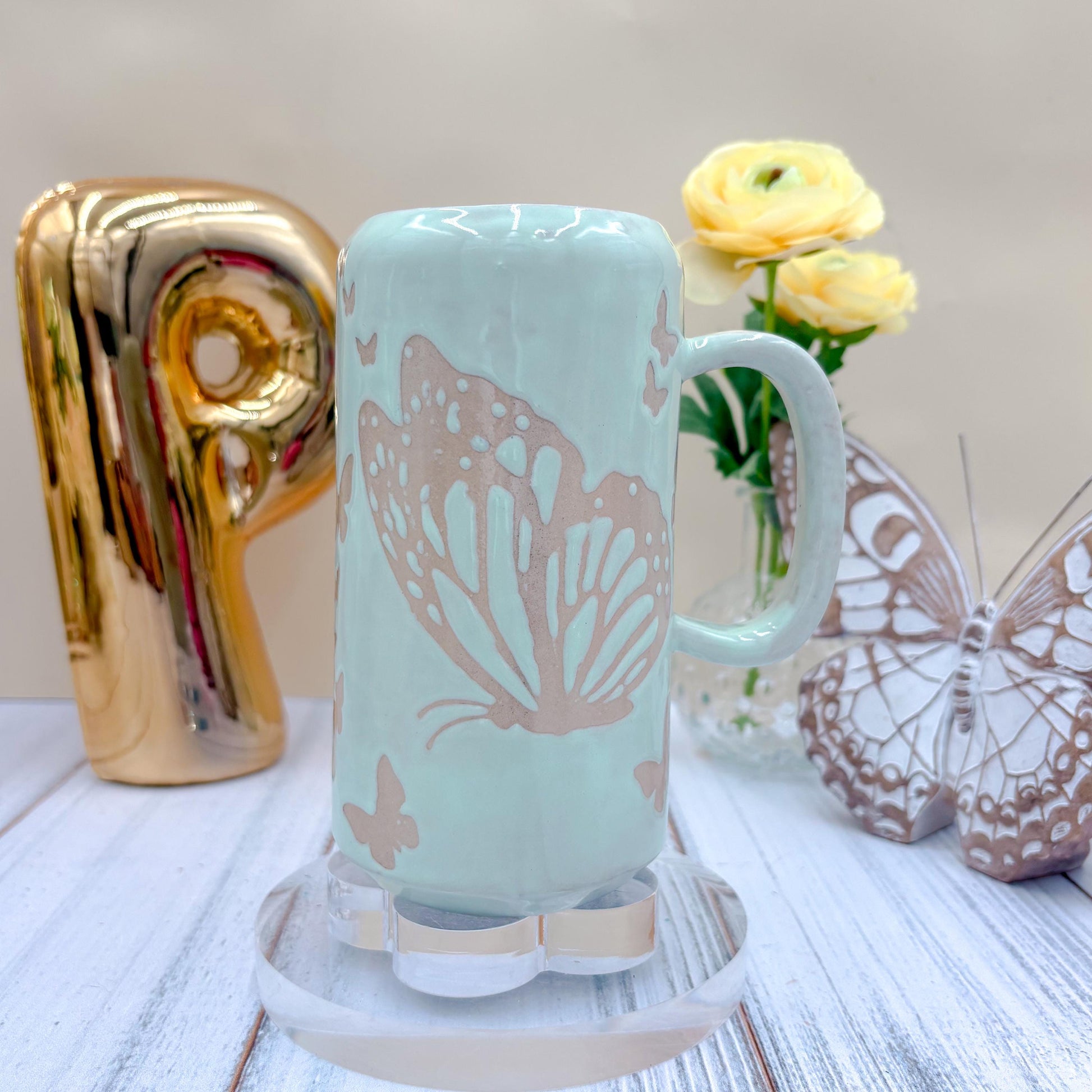 Light Blue Butterfly Ceramic Tumbler Mug