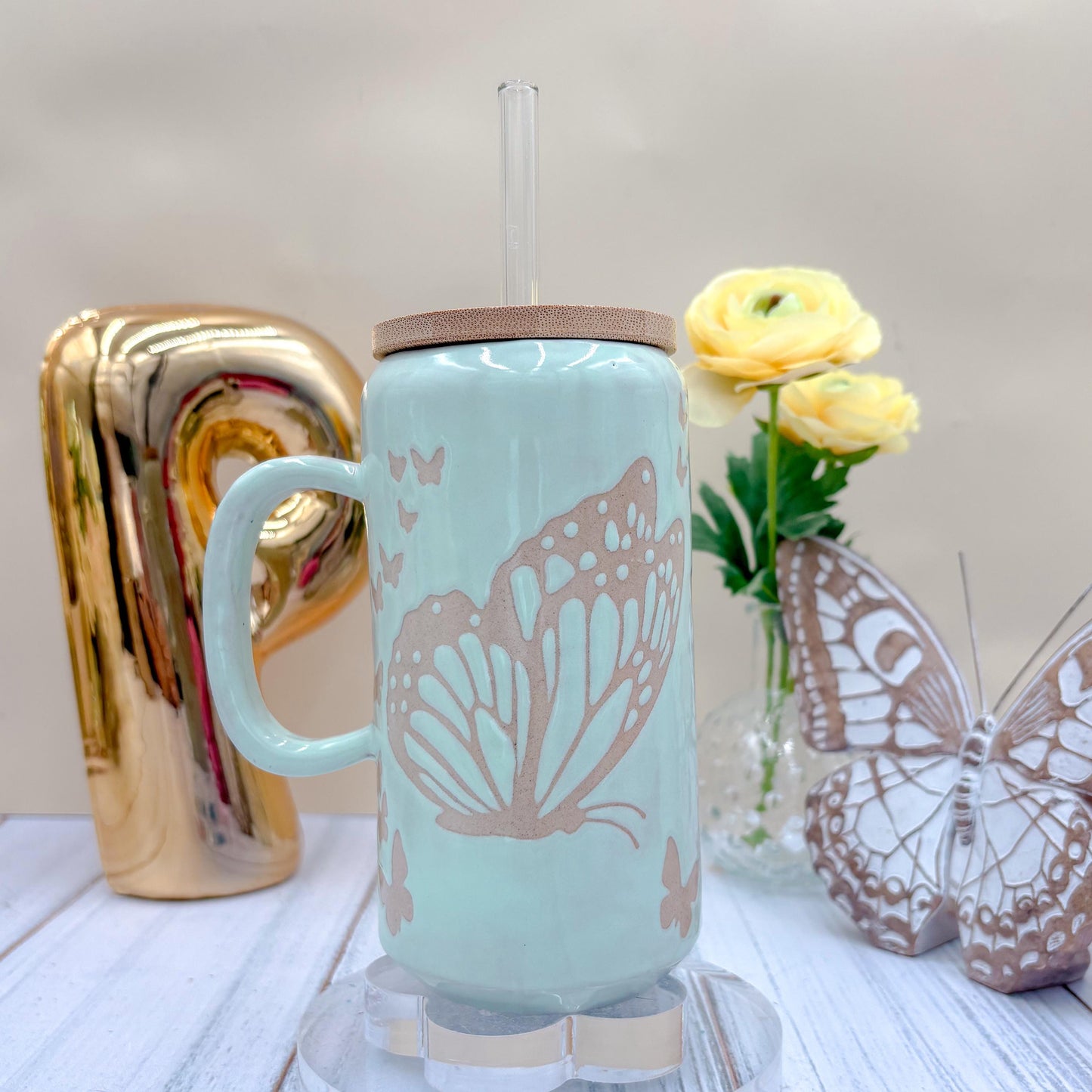 Light Blue Butterfly Ceramic Tumbler Mug