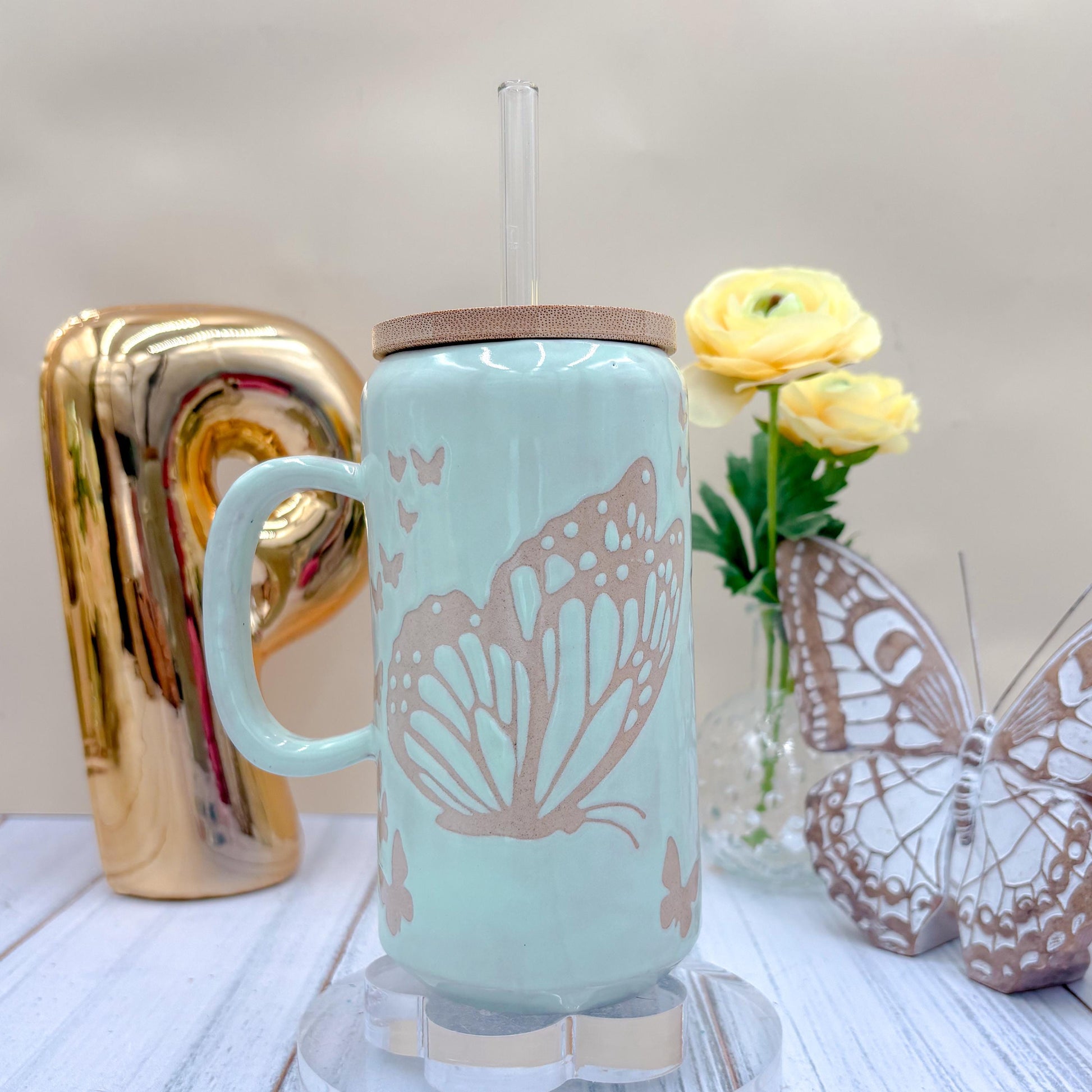 Light Blue Butterfly Ceramic Tumbler Mug