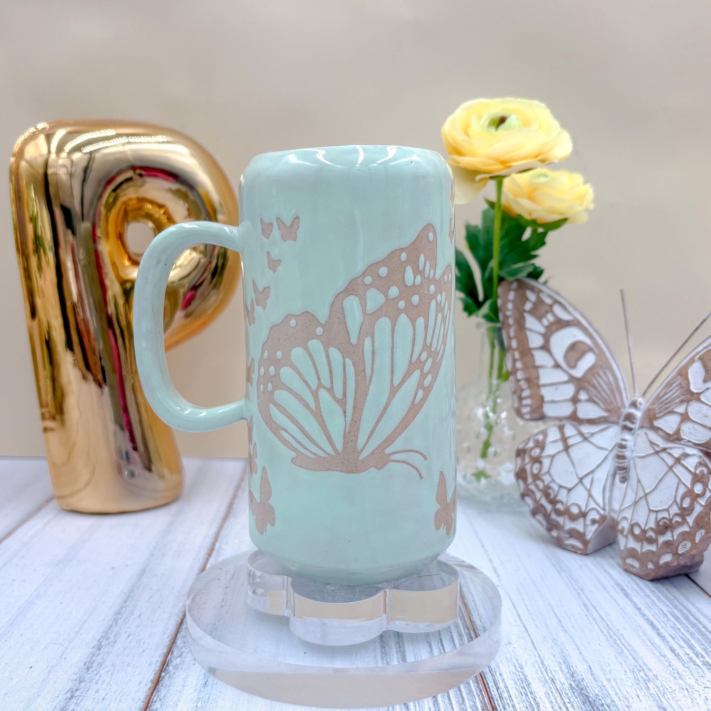 Light Blue Butterfly Ceramic Tumbler Mug