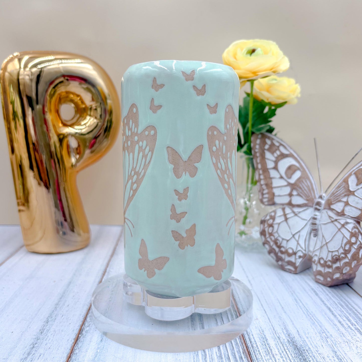 Light Blue Butterfly Ceramic Tumbler Mug, Butterfly Ceramic Mug, Butterfly Lover Gift, Monarch Butterfly, Gardener Gift Idea, Butterfly