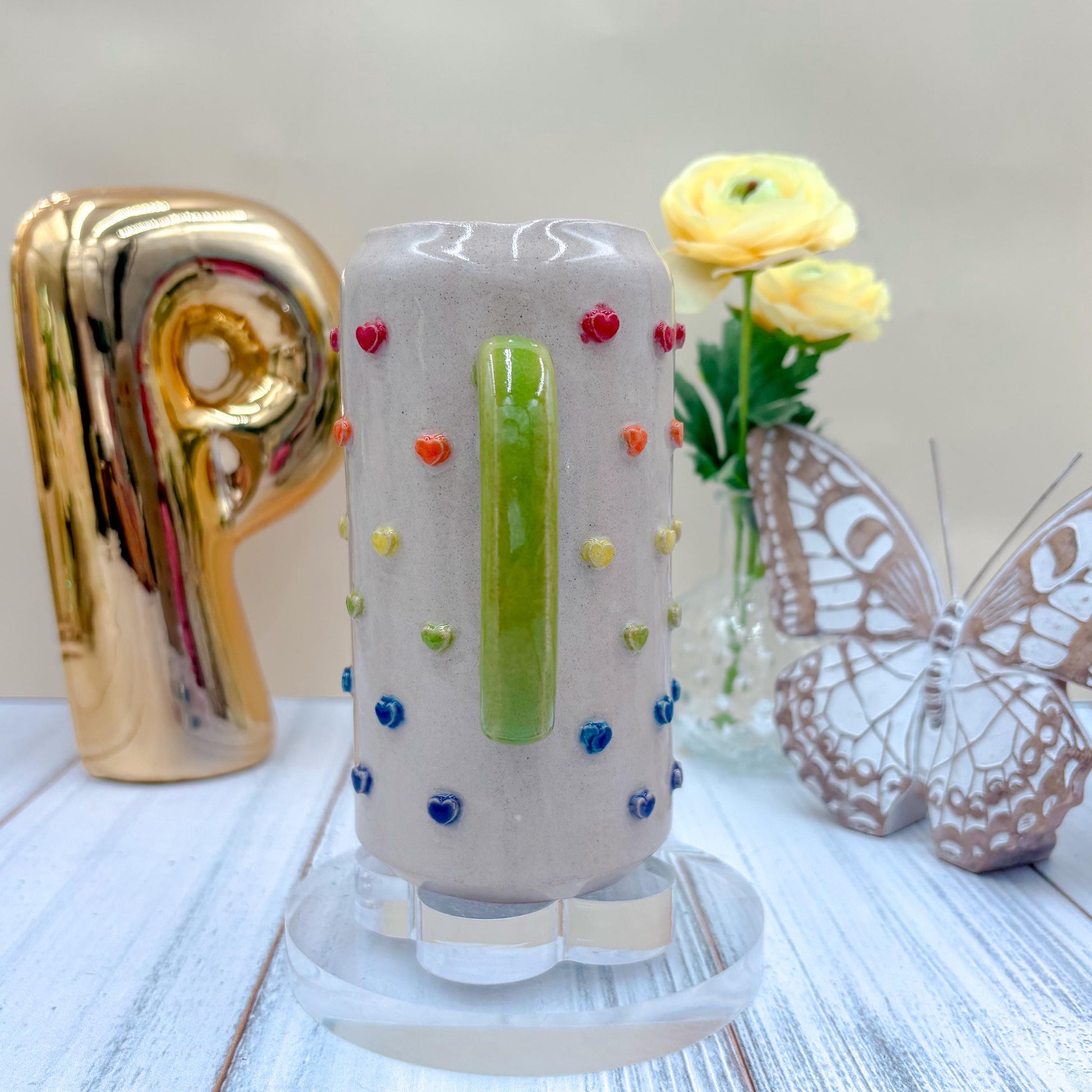 Rainbow Heart Ceramic Tumbler Mug, Ceramic Coffee Mug Handmade, Wife Gift Idea, Valentines Gift, Heart Mug For Mom, Heart Valentines cup