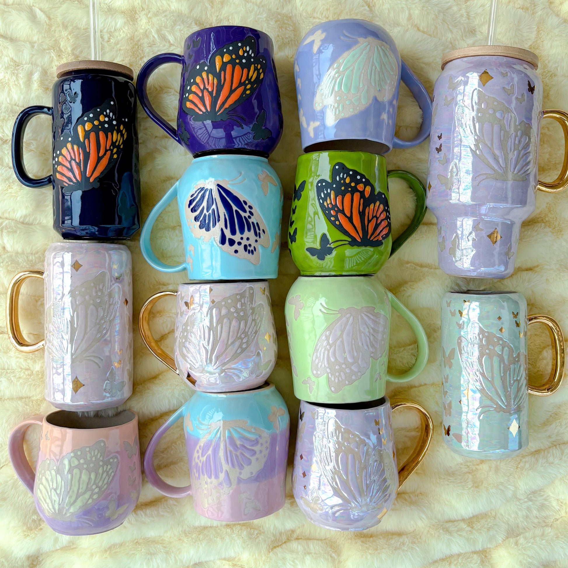 Gold Light Purple Butterfly Ceramic Tumbler