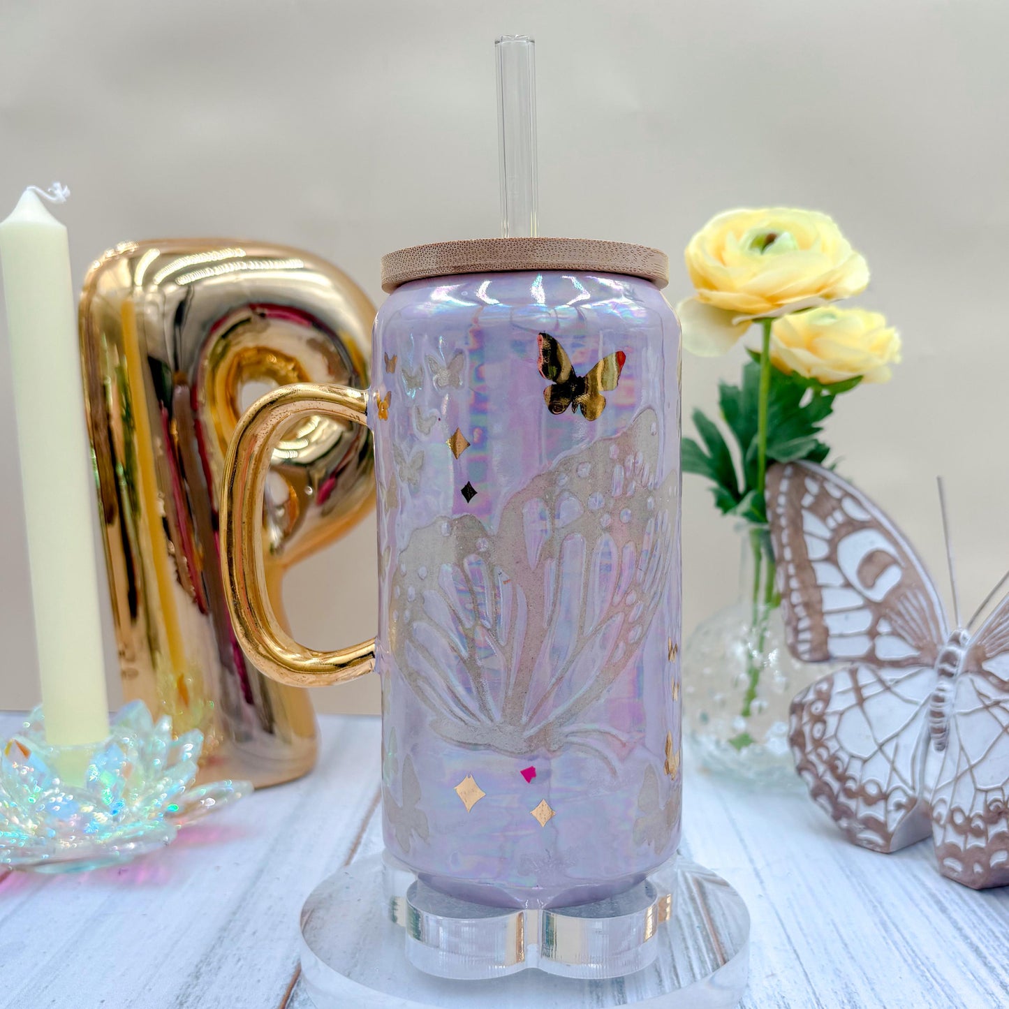 Gold Light Purple Butterfly Ceramic Tumbler