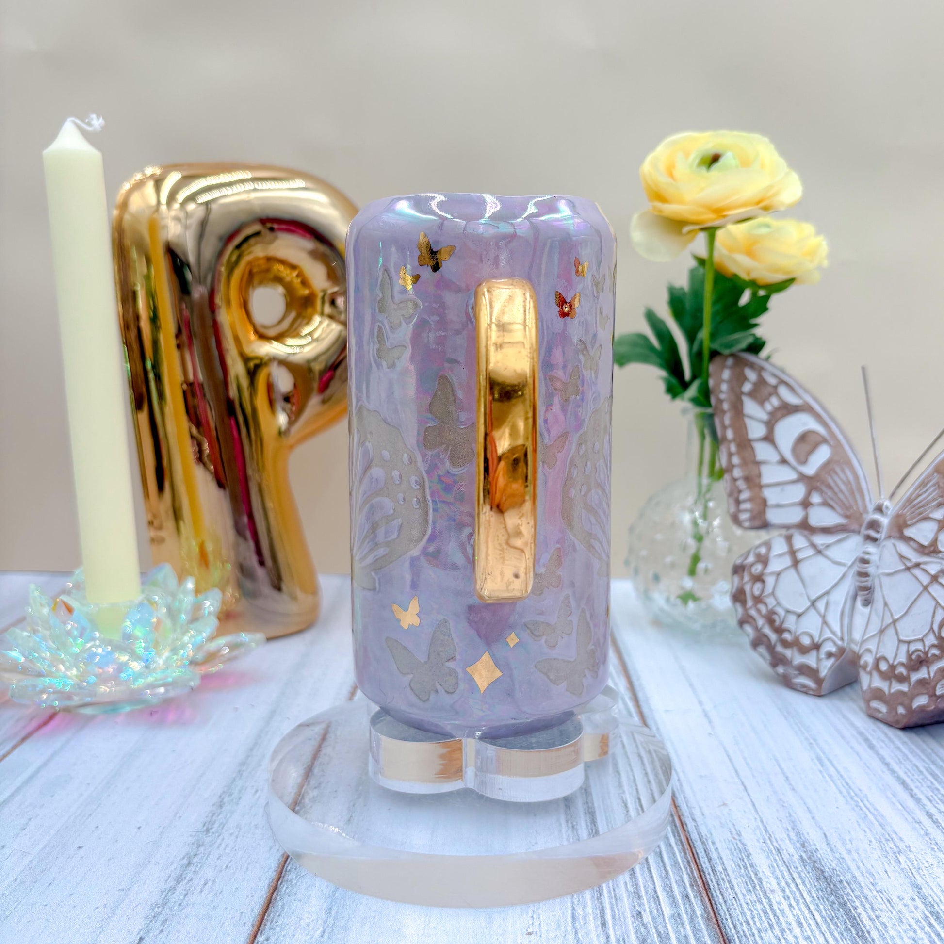 Gold Light Purple Butterfly Ceramic Tumbler