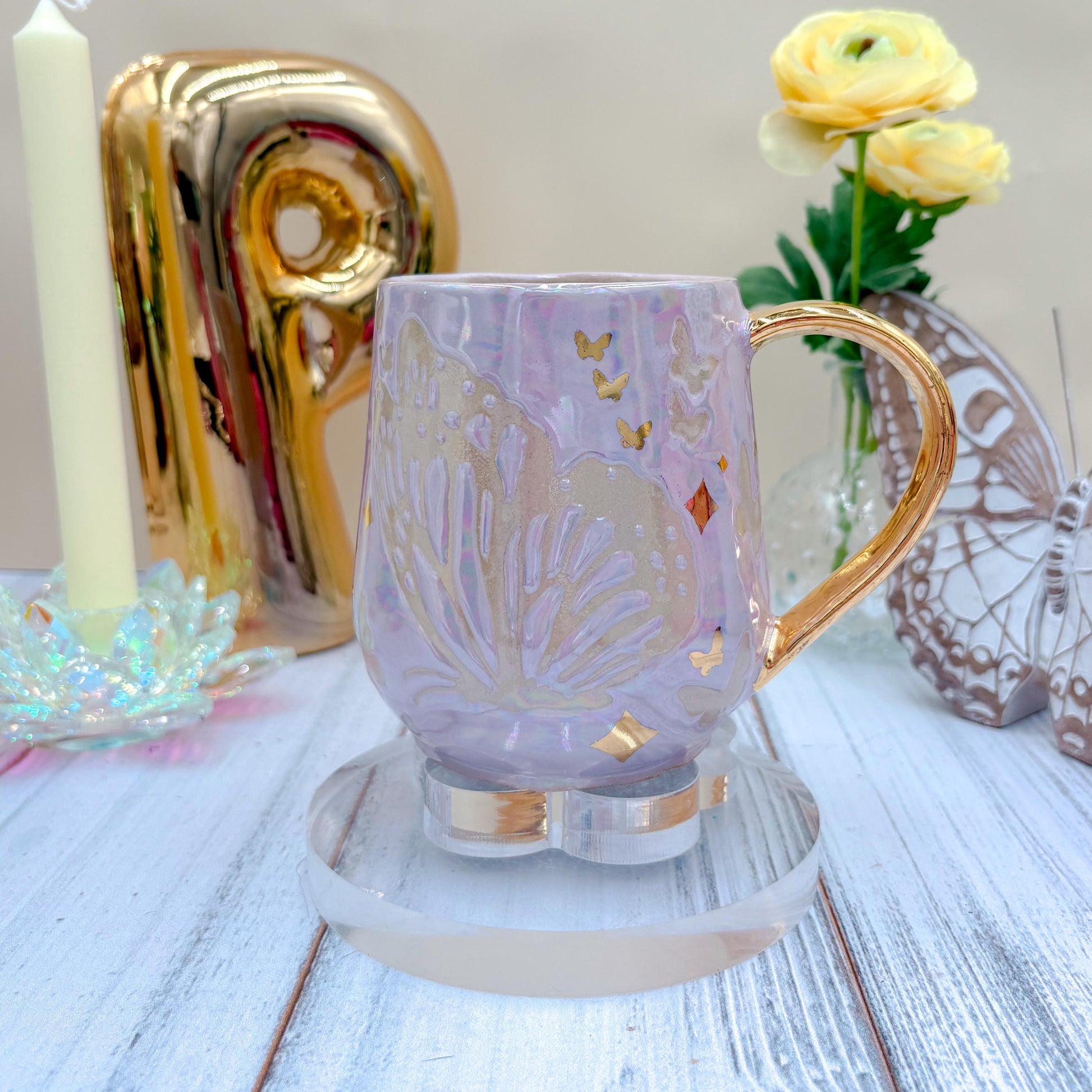 Gold Light Purple Butterfly Ceramic Mug