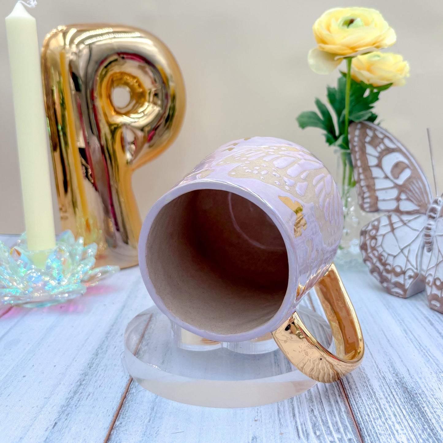 Gold Light Purple Butterfly Ceramic Mug