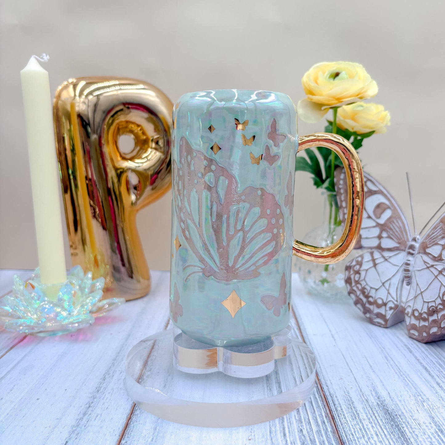 Gold Light Blue Butterfly Ceramic Tumbler