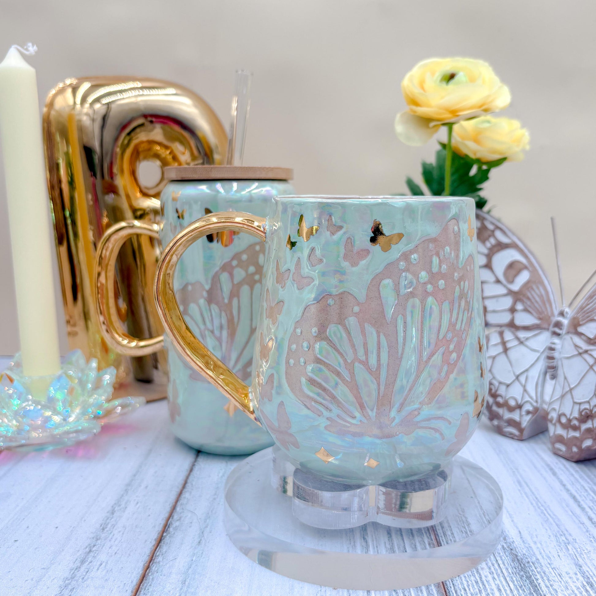 Gold Light Blue Butterfly Ceramic Tumbler