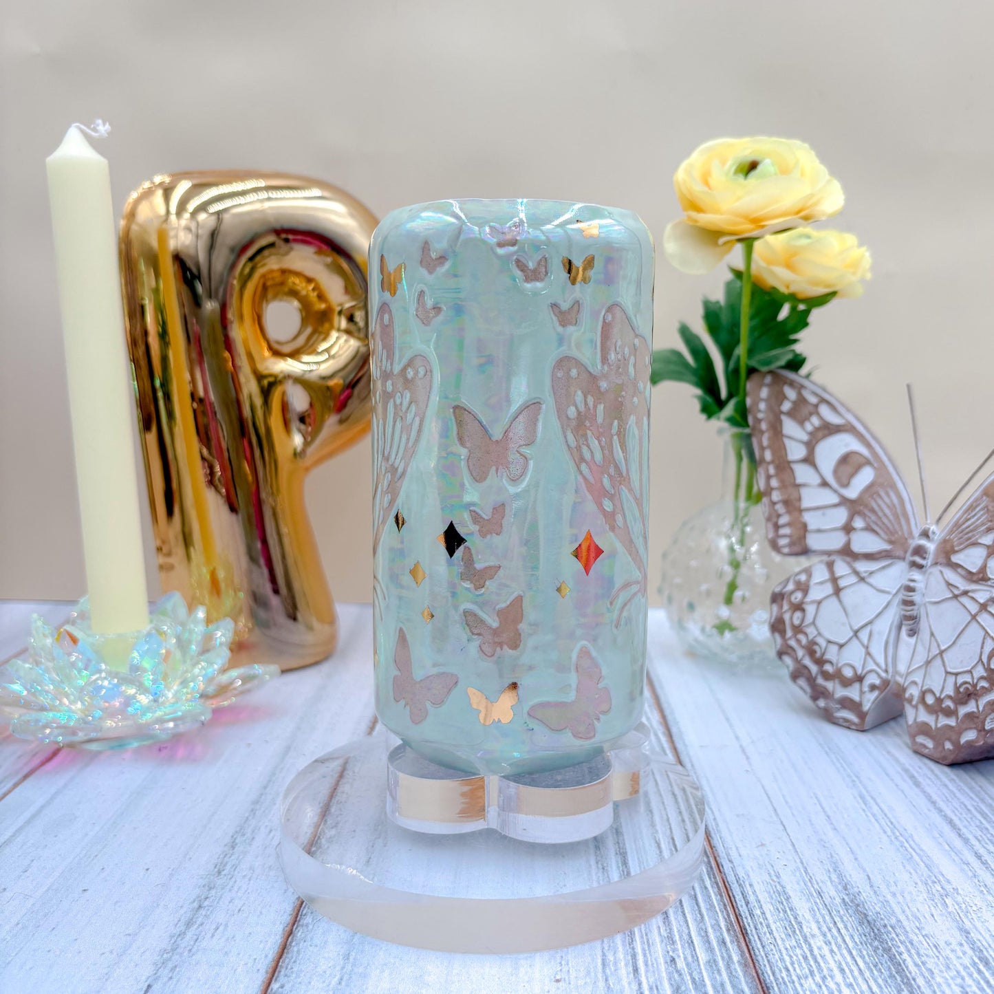 Gold Light Blue Butterfly Ceramic Tumbler