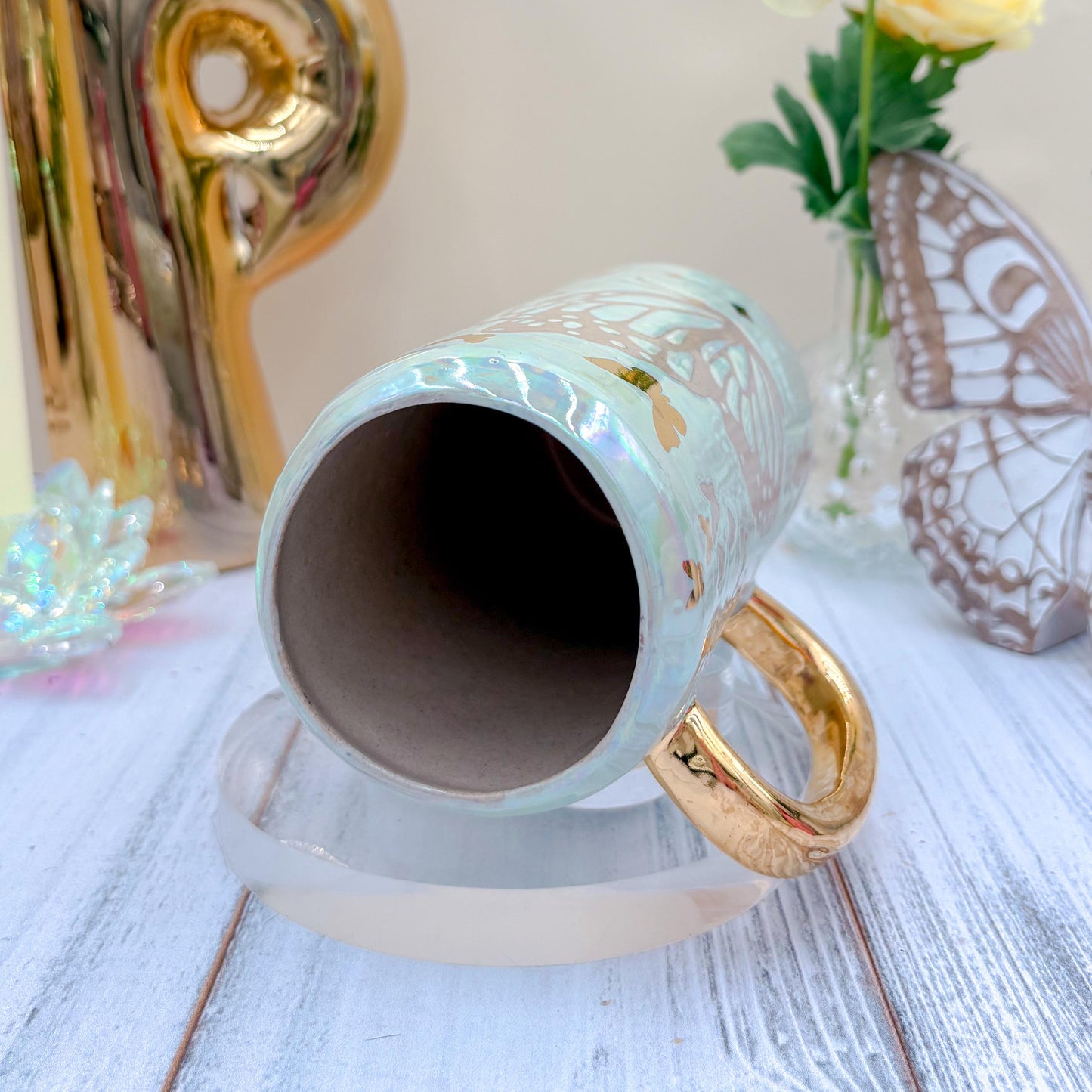 Gold Light Blue Butterfly Ceramic Tumbler