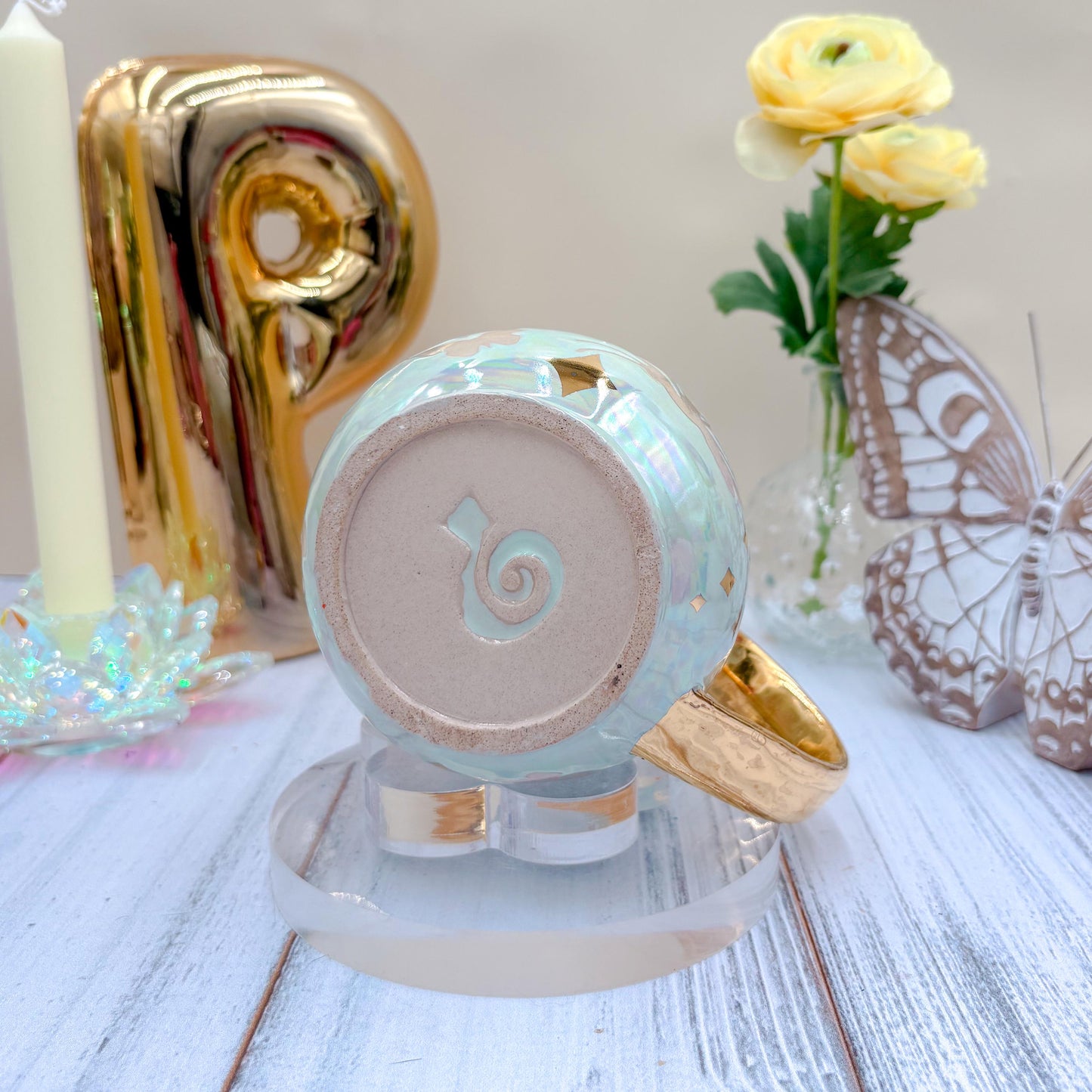 Gold Light Blue Butterfly Ceramic Mug