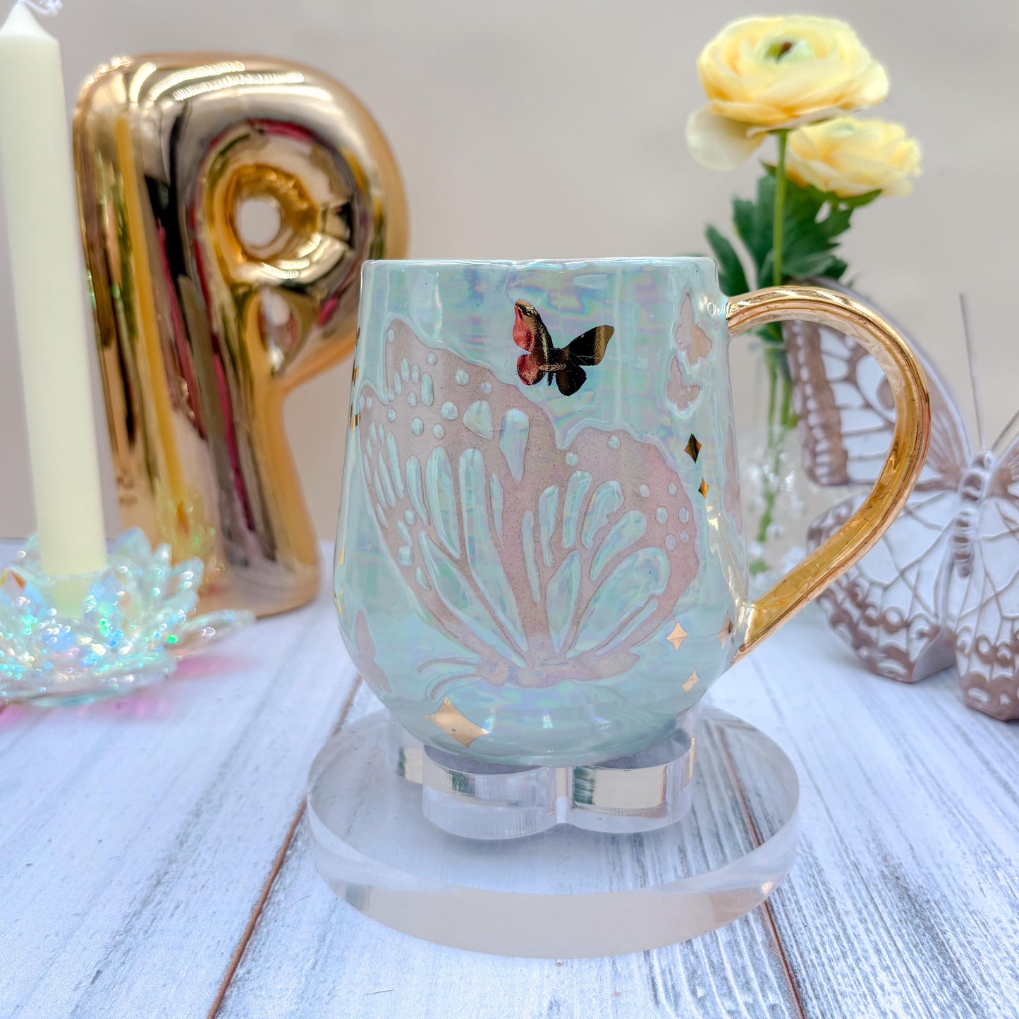 Gold Light Blue Butterfly Ceramic Mug
