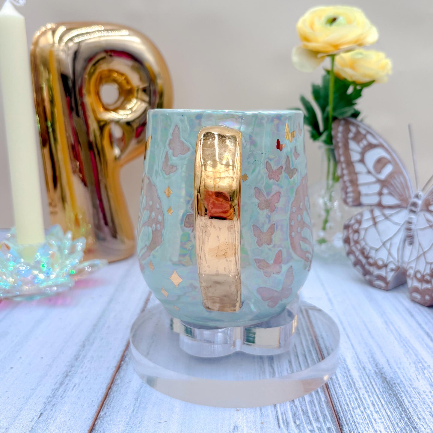 Gold Light Blue Butterfly Ceramic Mug