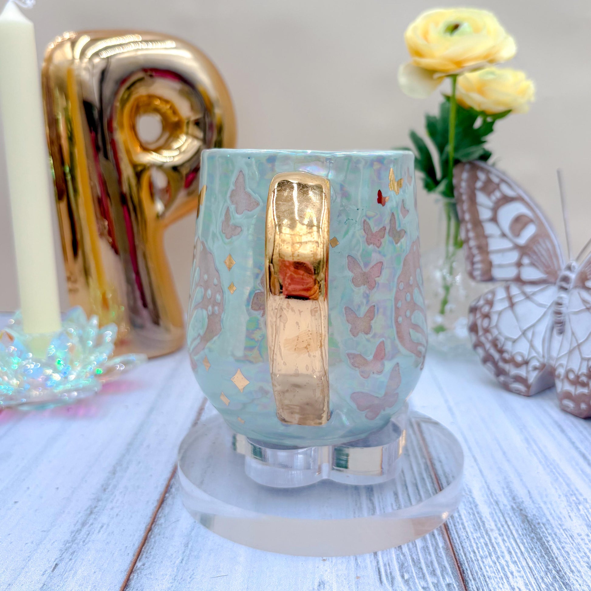 Gold Light Blue Butterfly Ceramic Mug