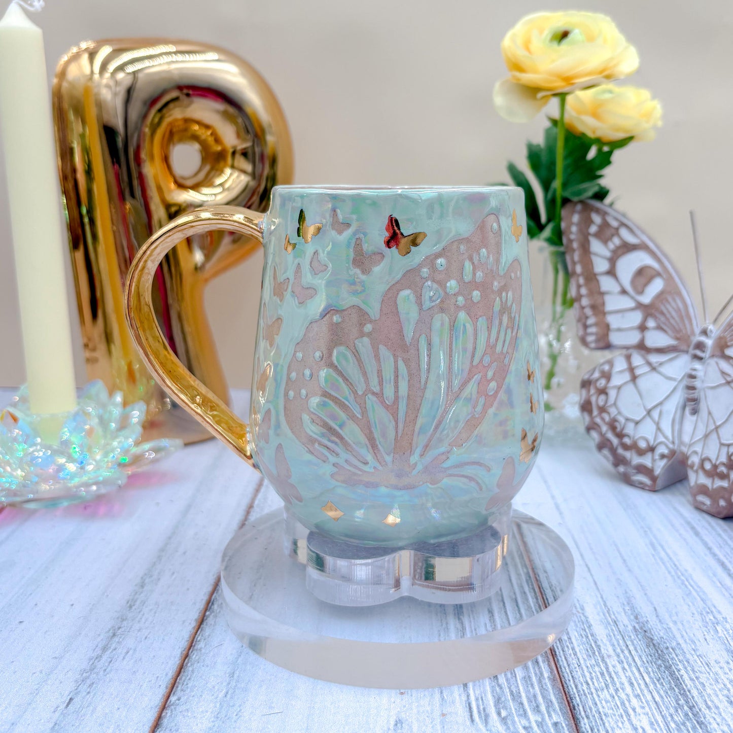 Gold Light Blue Butterfly Ceramic Mug