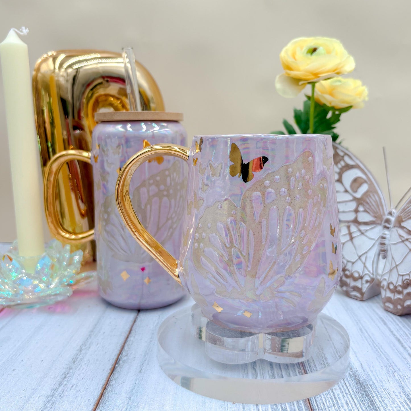 Gold Light Purple Butterfly Ceramic Tumbler