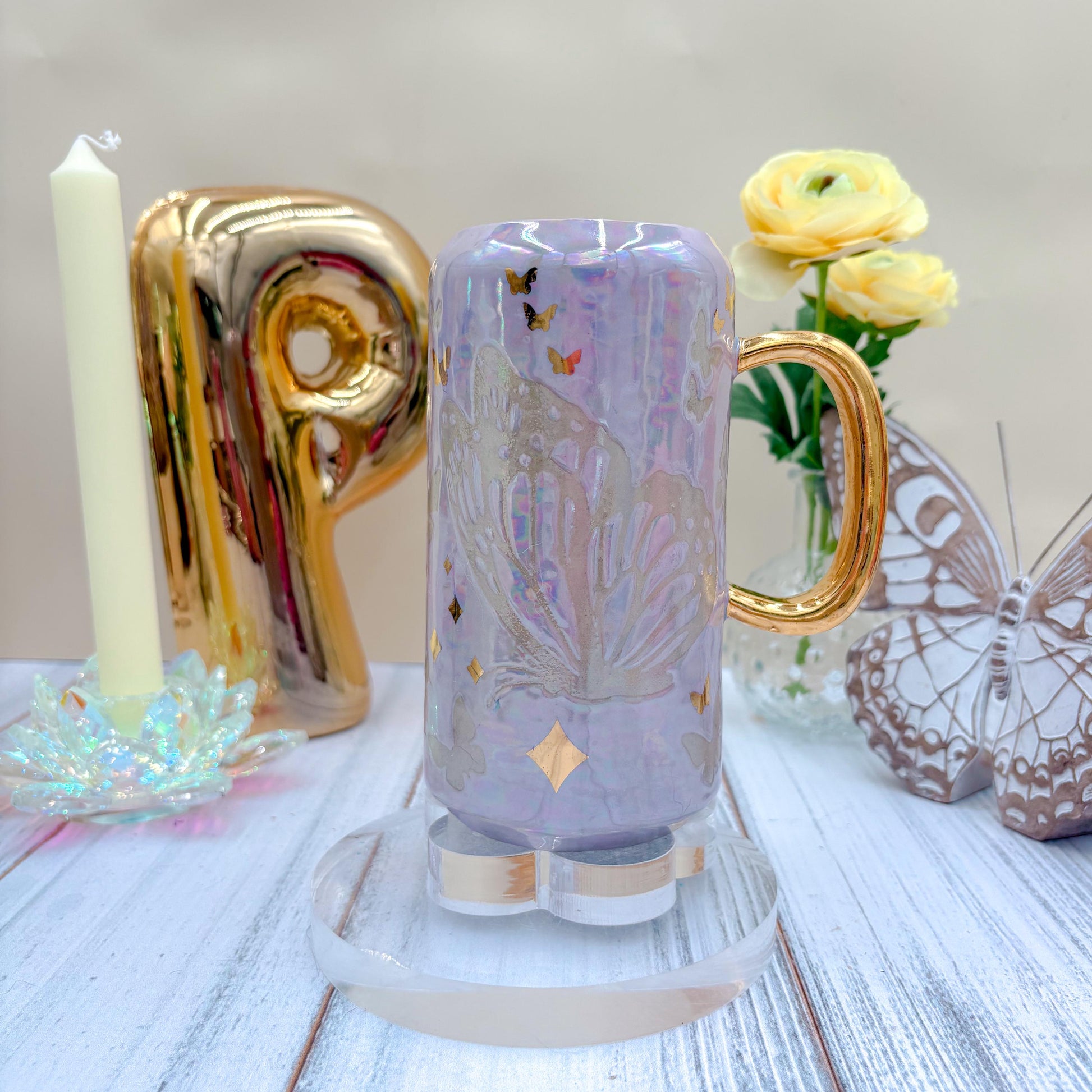 Gold Light Purple Butterfly Ceramic Tumbler