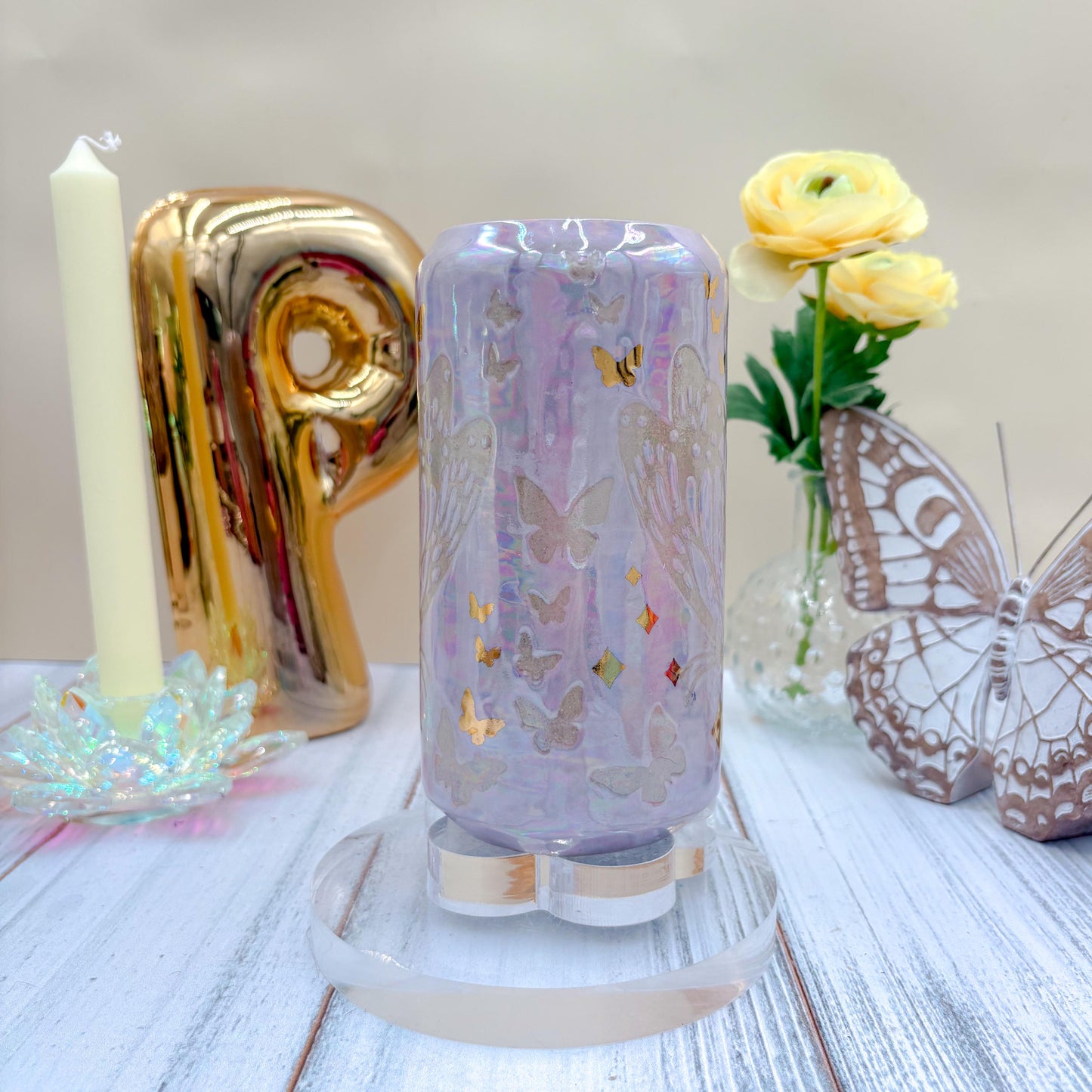 Gold Light Purple Butterfly Ceramic Tumbler