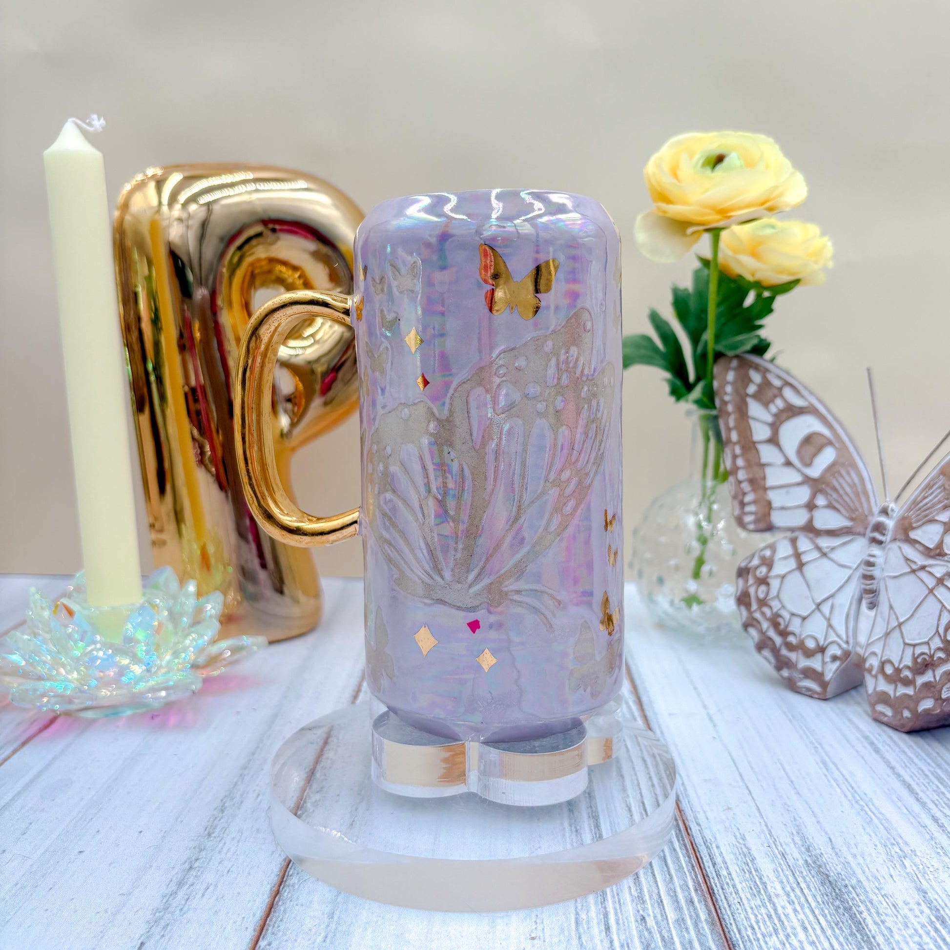 Gold Light Purple Butterfly Ceramic Tumbler