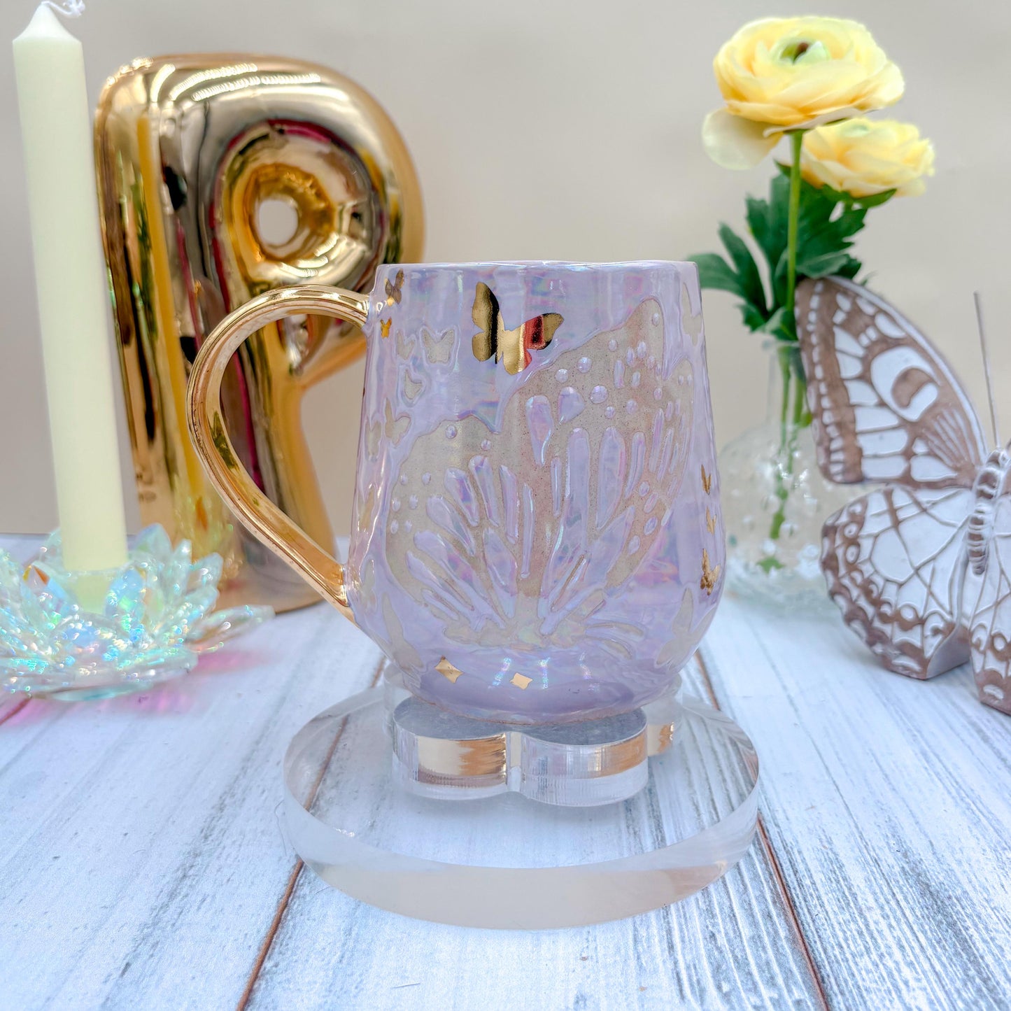 Gold Light Purple Butterfly Ceramic Mug