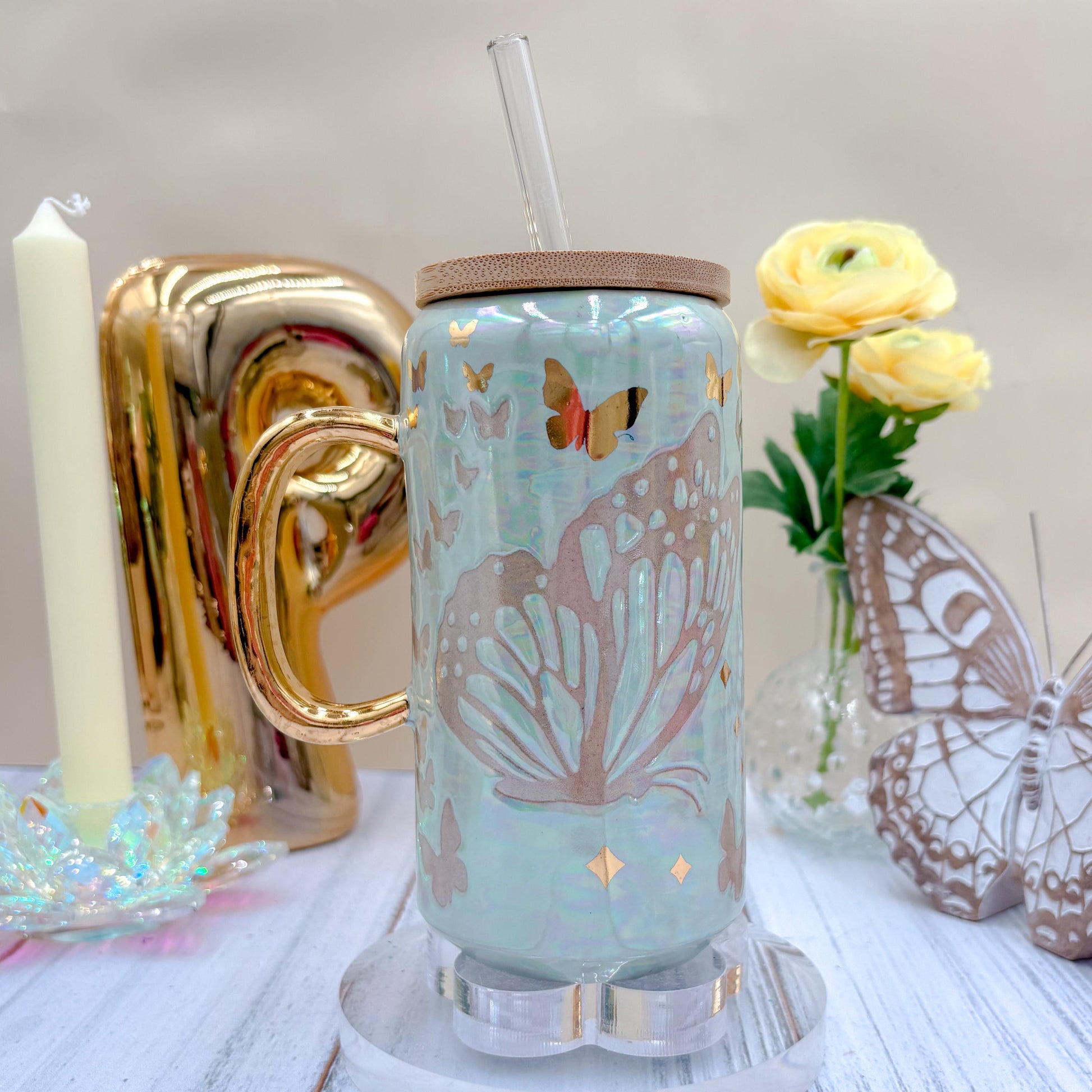 Gold Light Blue Butterfly Ceramic Tumbler