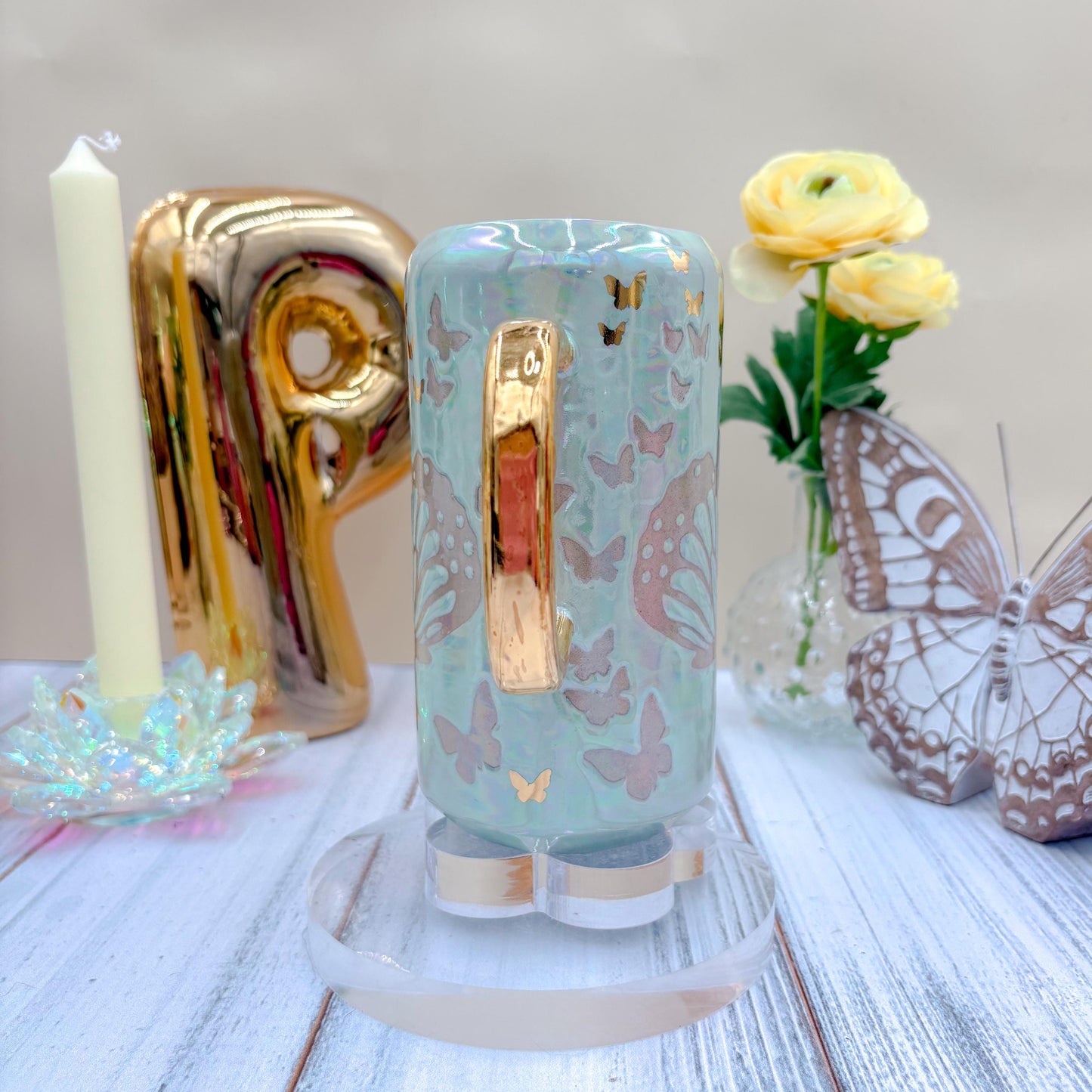 Gold Light Blue Butterfly Ceramic Tumbler