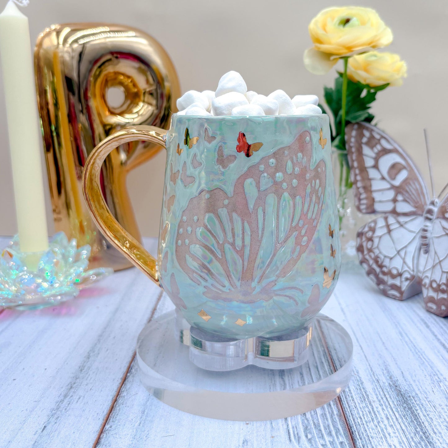 Gold Light Blue Butterfly Ceramic Mug