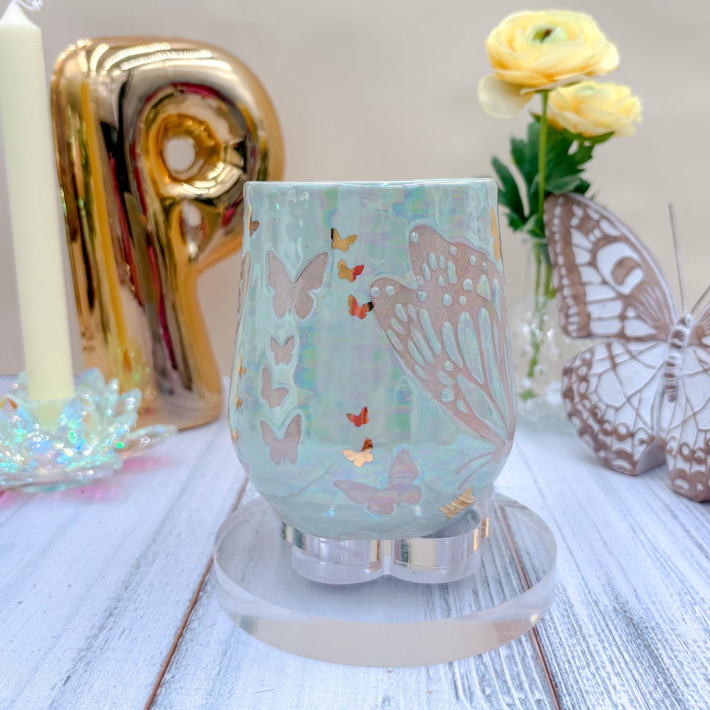 Gold Light Blue Butterfly Ceramic Mug