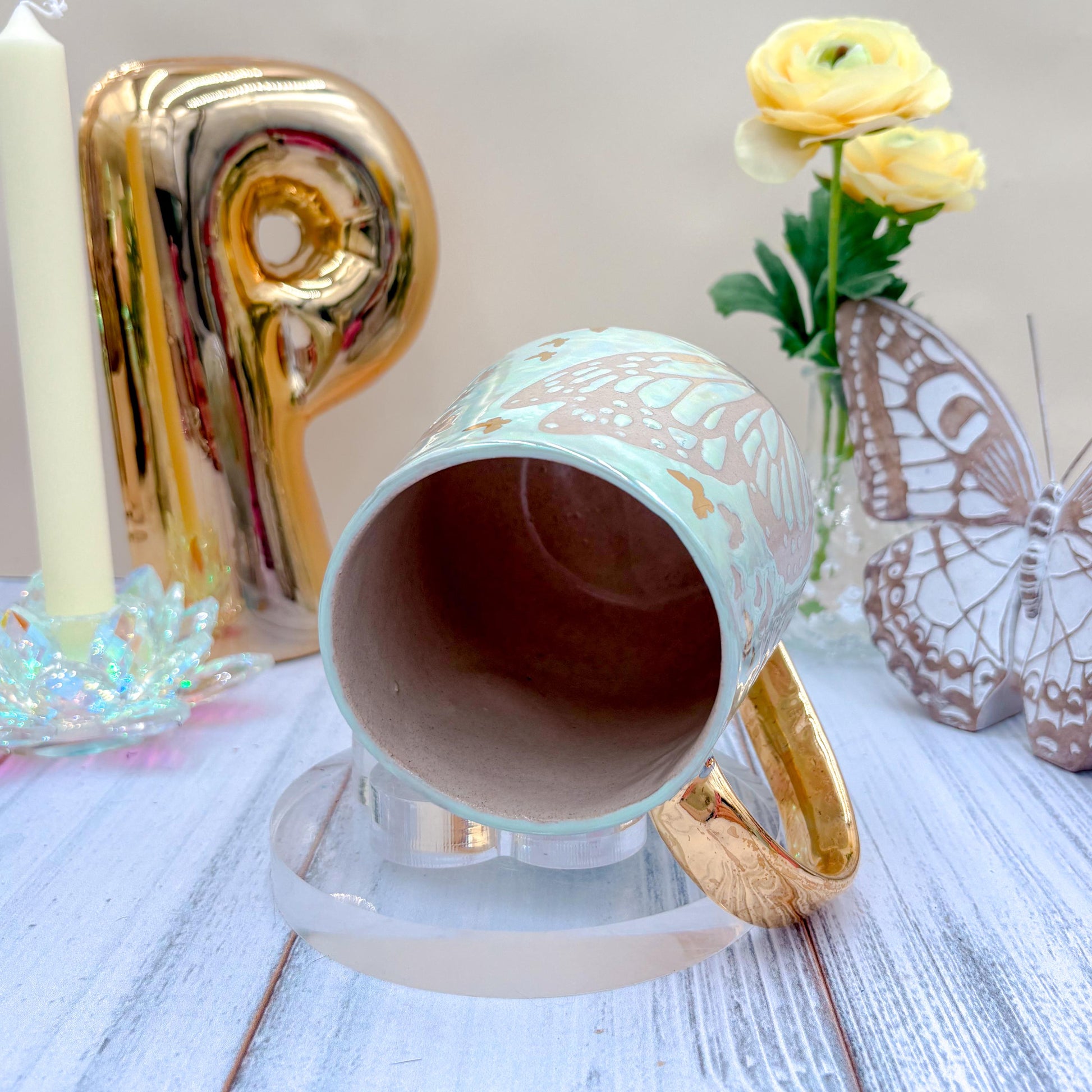Gold Light Blue Butterfly Ceramic Mug
