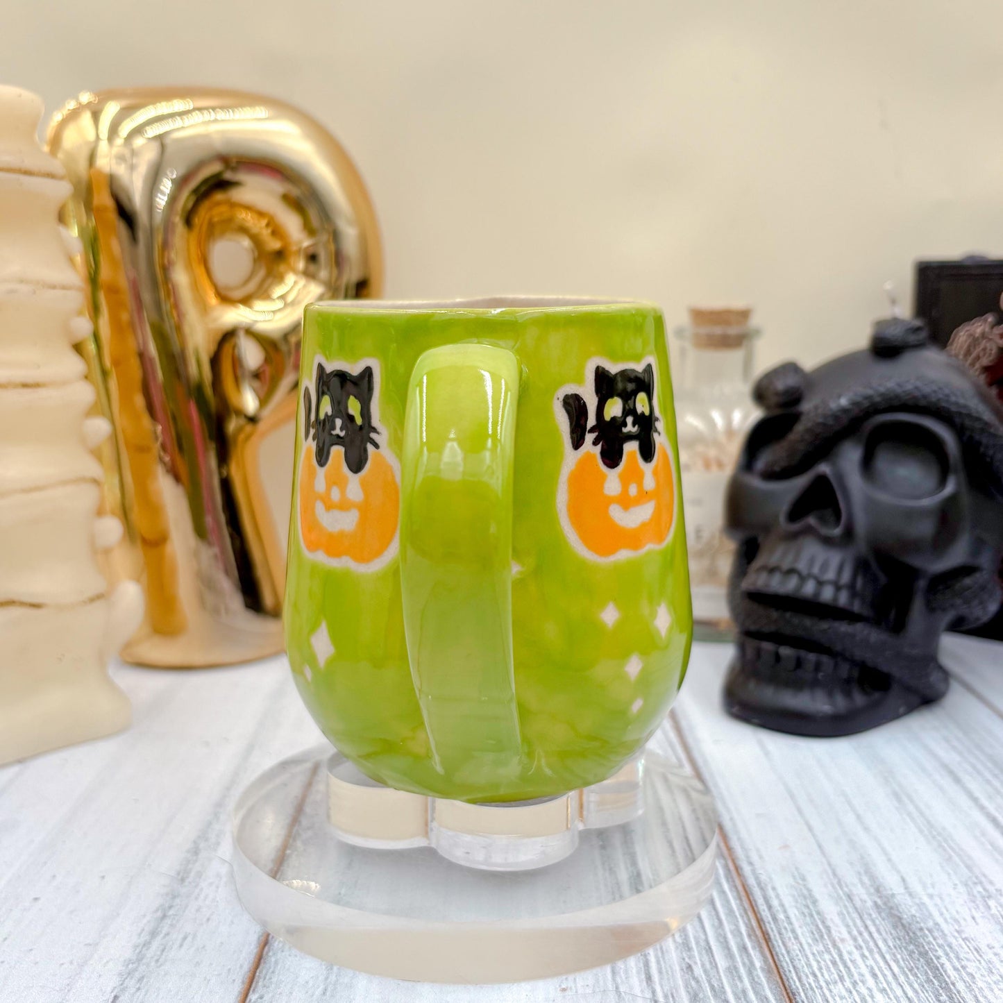 Green Kitty Pumkin Ceramic Mug, Autumn Gift For Her, Retro Fall Mug, Halloween Gift, Spooky Mug Handmade, Cute Autumn Mugs, Cat Mug, Pumpkin
