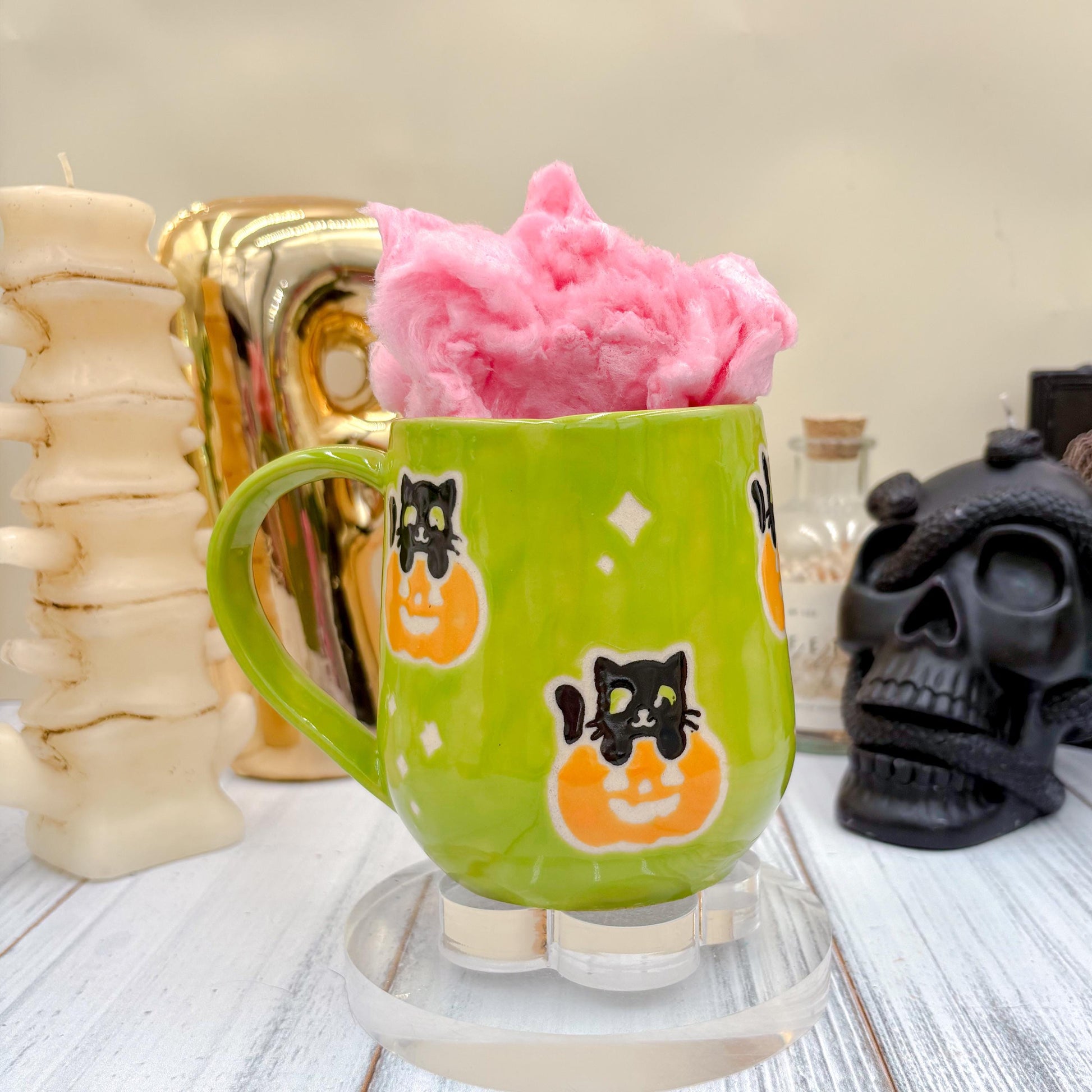 Green Kitty Pumkin Ceramic Mug, Autumn Gift For Her, Retro Fall Mug, Halloween Gift, Spooky Mug Handmade, Cute Autumn Mugs, Cat Mug, Pumpkin