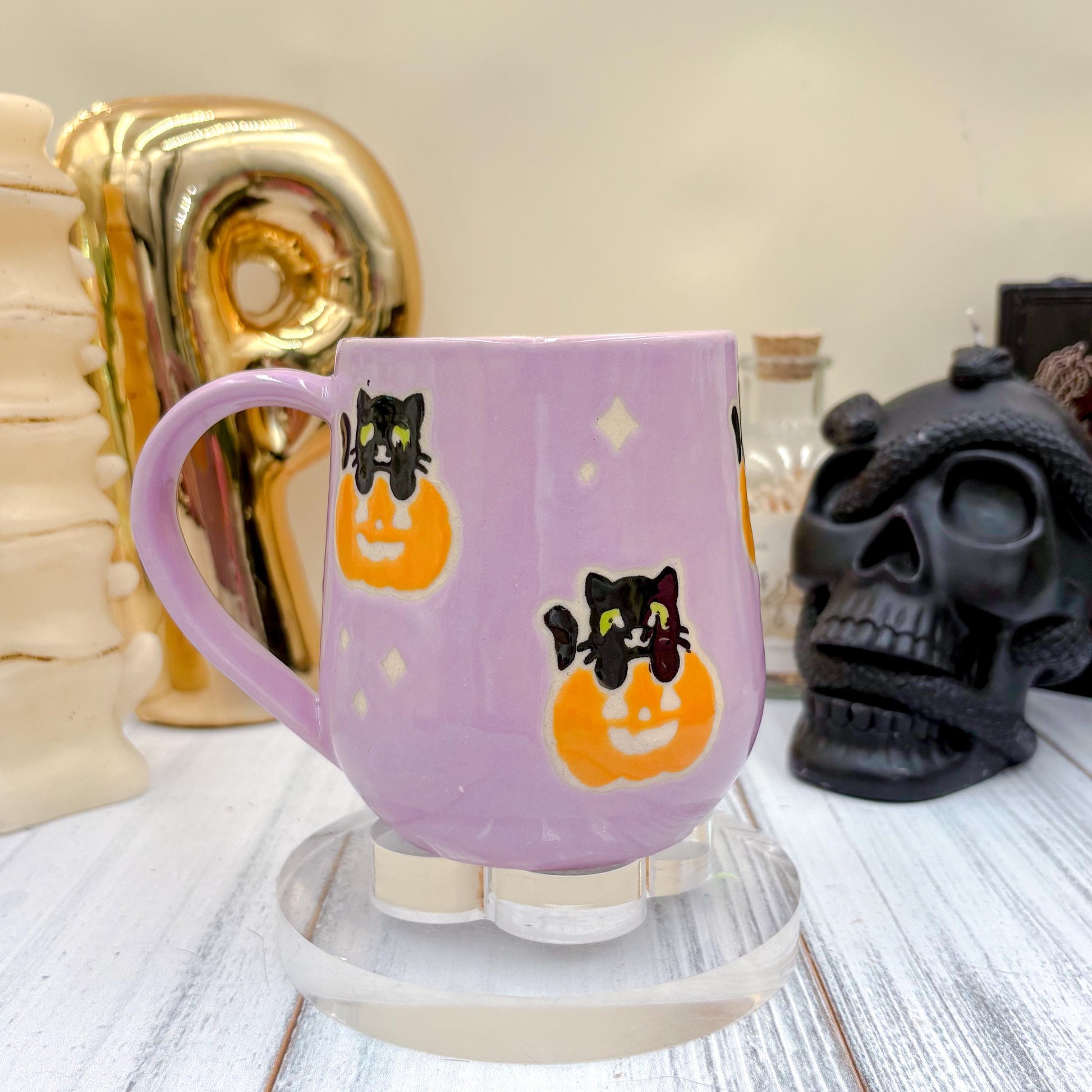 Purple Kitty Pumkin Ceramic Mug, Autumn Gift, Retro Fall Mug, Halloween Gift, Spooky Mug Handmade, Cute Autumn Mugs, Cat Mug, Pumpkin Mug