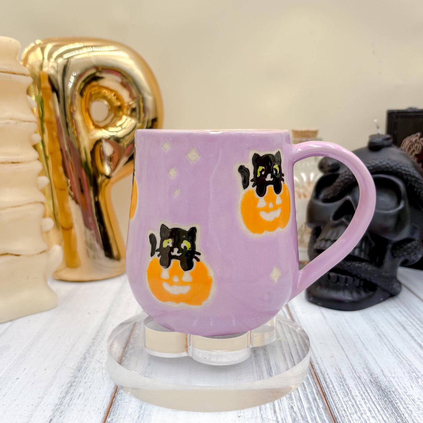 Purple Kitty Pumkin Ceramic Mug, Autumn Gift, Retro Fall Mug, Halloween Gift, Spooky Mug Handmade, Cute Autumn Mugs, Cat Mug, Pumpkin Mug
