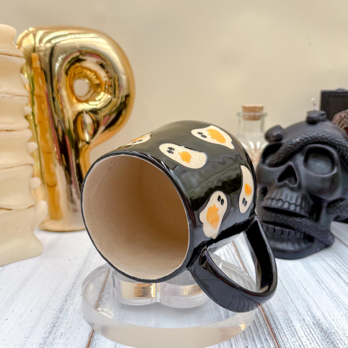 Black Ghost Pumkin Ceramic Mug, Autumn Gift For Her, Retro Fall Mug, Halloween Gift, Spooky Mug Handmade, Cute Autumn Mugs, Ghost Mug