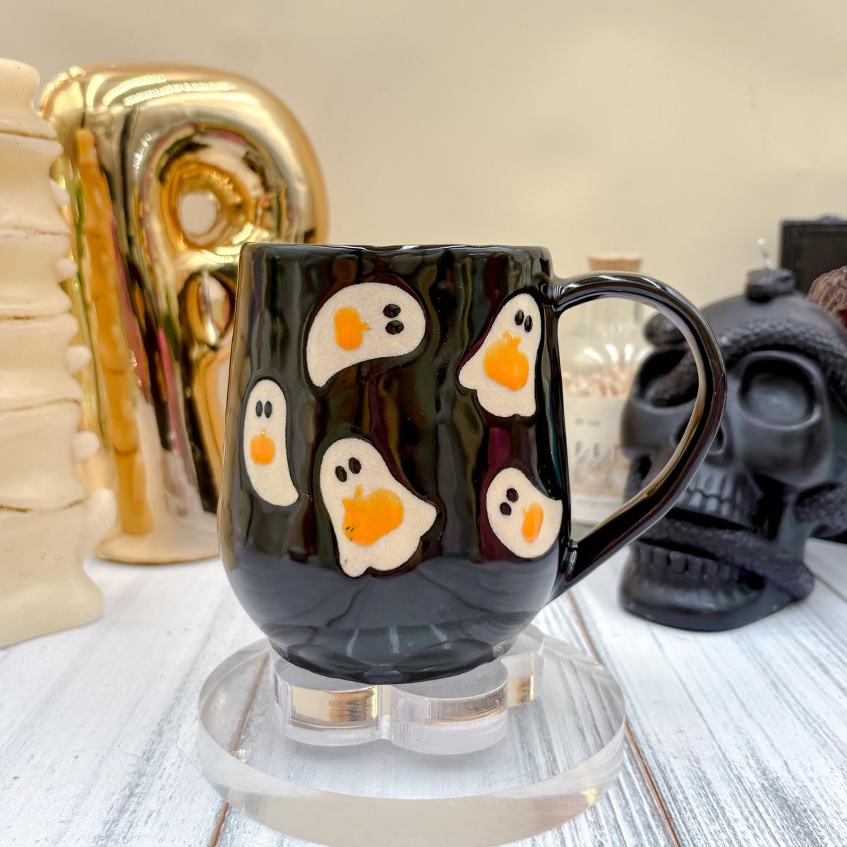 Black Ghost Pumkin Ceramic Mug, Autumn Gift For Her, Retro Fall Mug, Halloween Gift, Spooky Mug Handmade, Cute Autumn Mugs, Ghost Mug