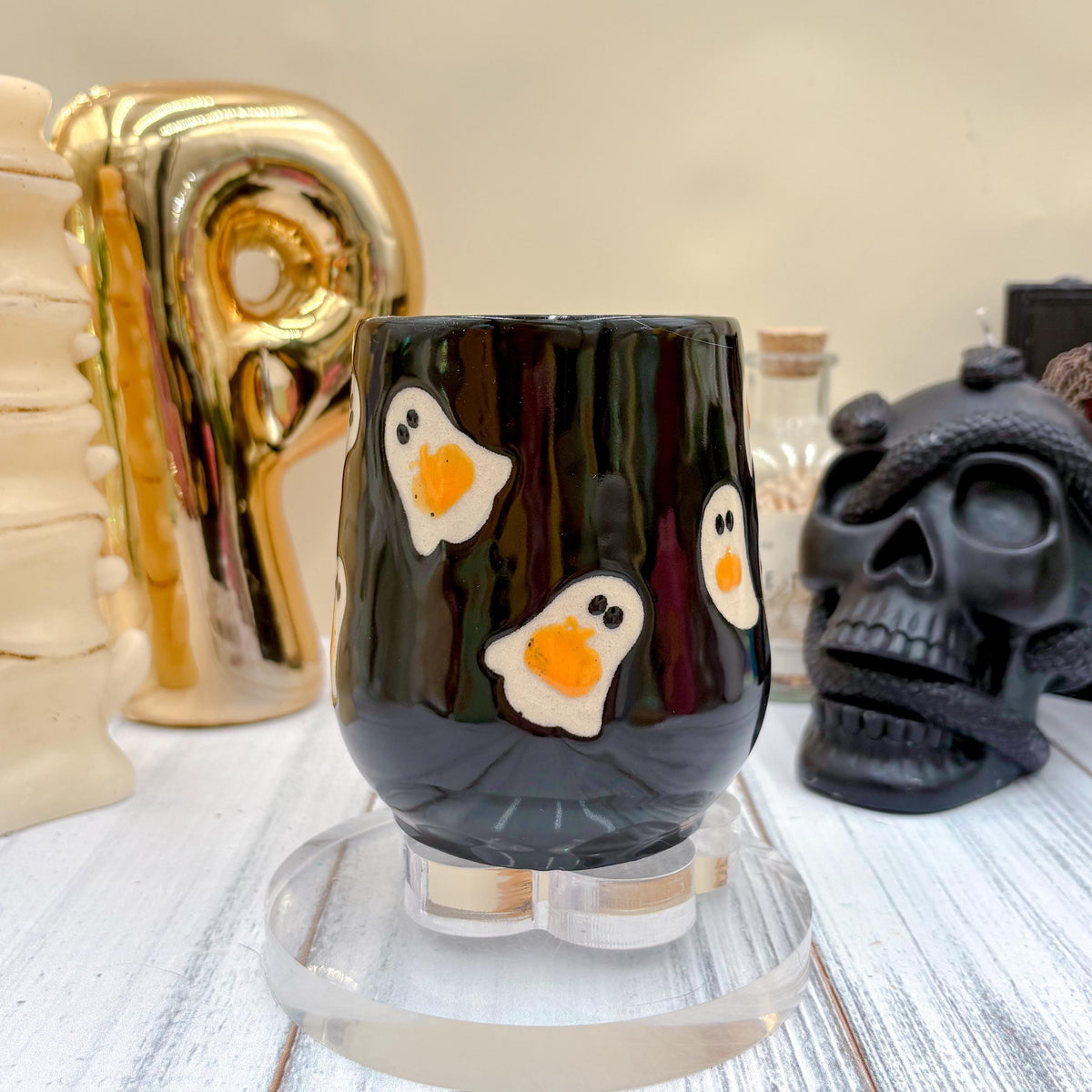 Black Ghost Pumkin Ceramic Mug, Autumn Gift For Her, Retro Fall Mug, Halloween Gift, Spooky Mug Handmade, Cute Autumn Mugs, Ghost Mug